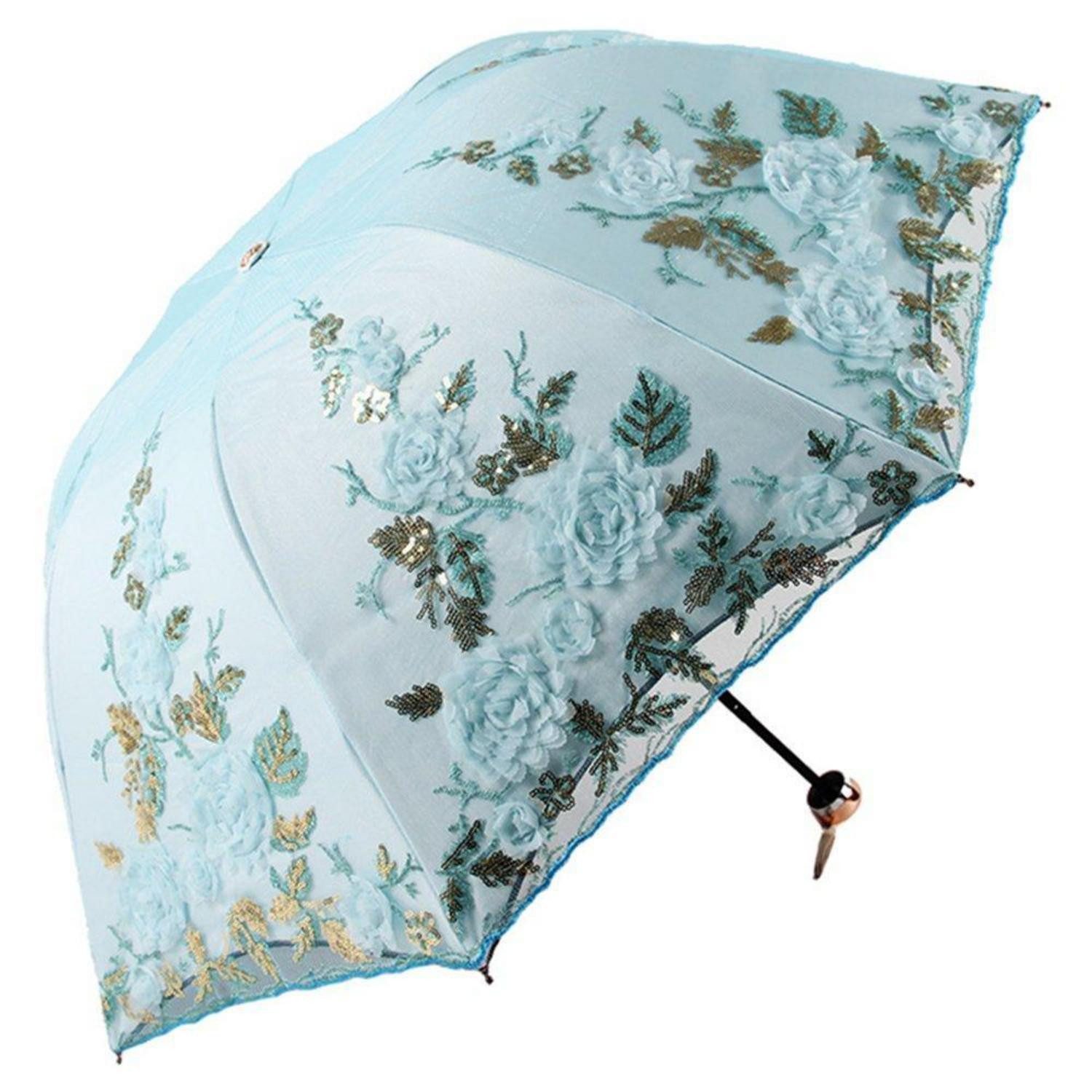LuxusKollektion Stockregenschirm Brautschirm Spitze Vintage Blau