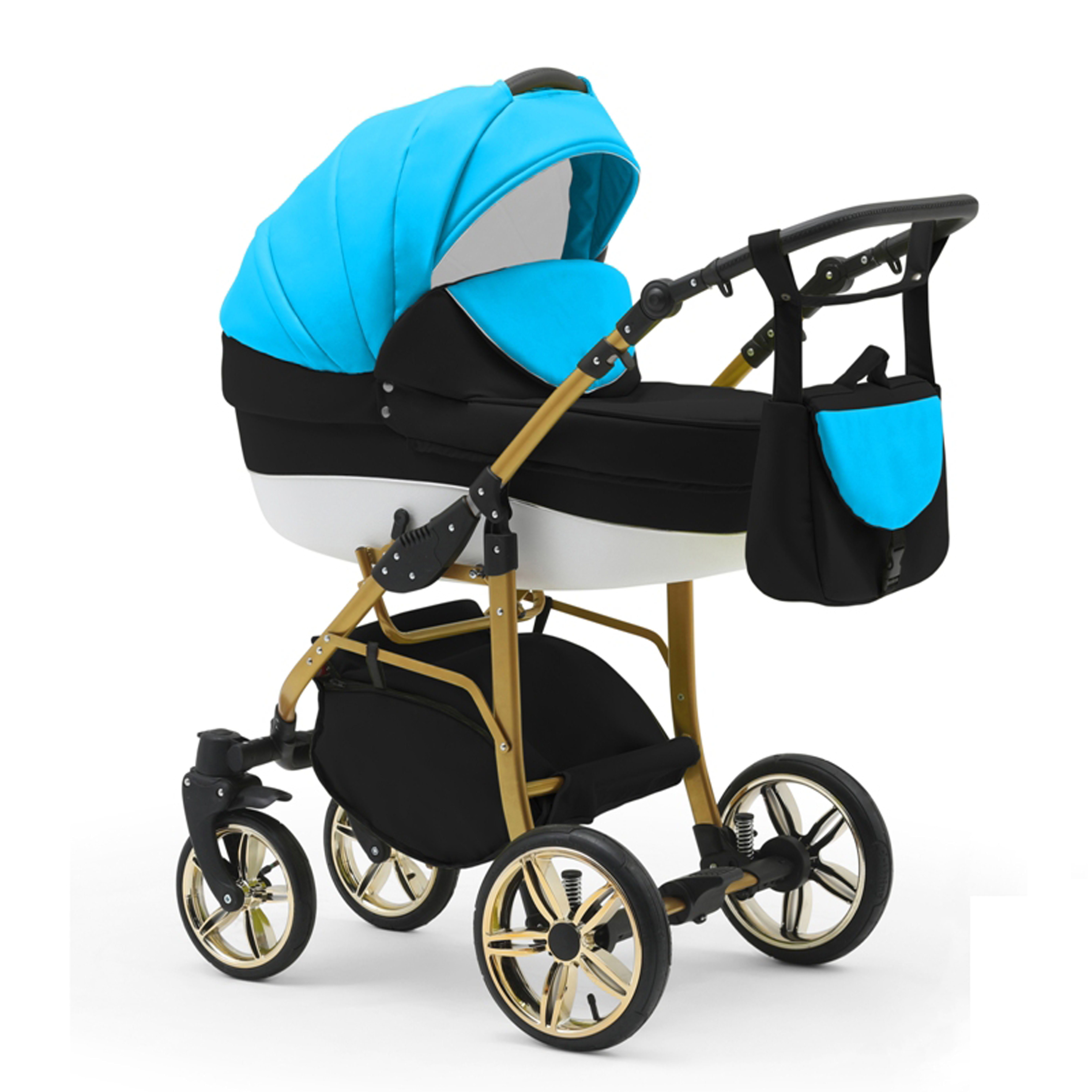 babies-on-wheels Kombi-Kinderwagen 2 in 1 Kinderwagen-Set Cosmo Gold - 13 Teile - in 46 Farben Türkis-Schwarz-Weiß