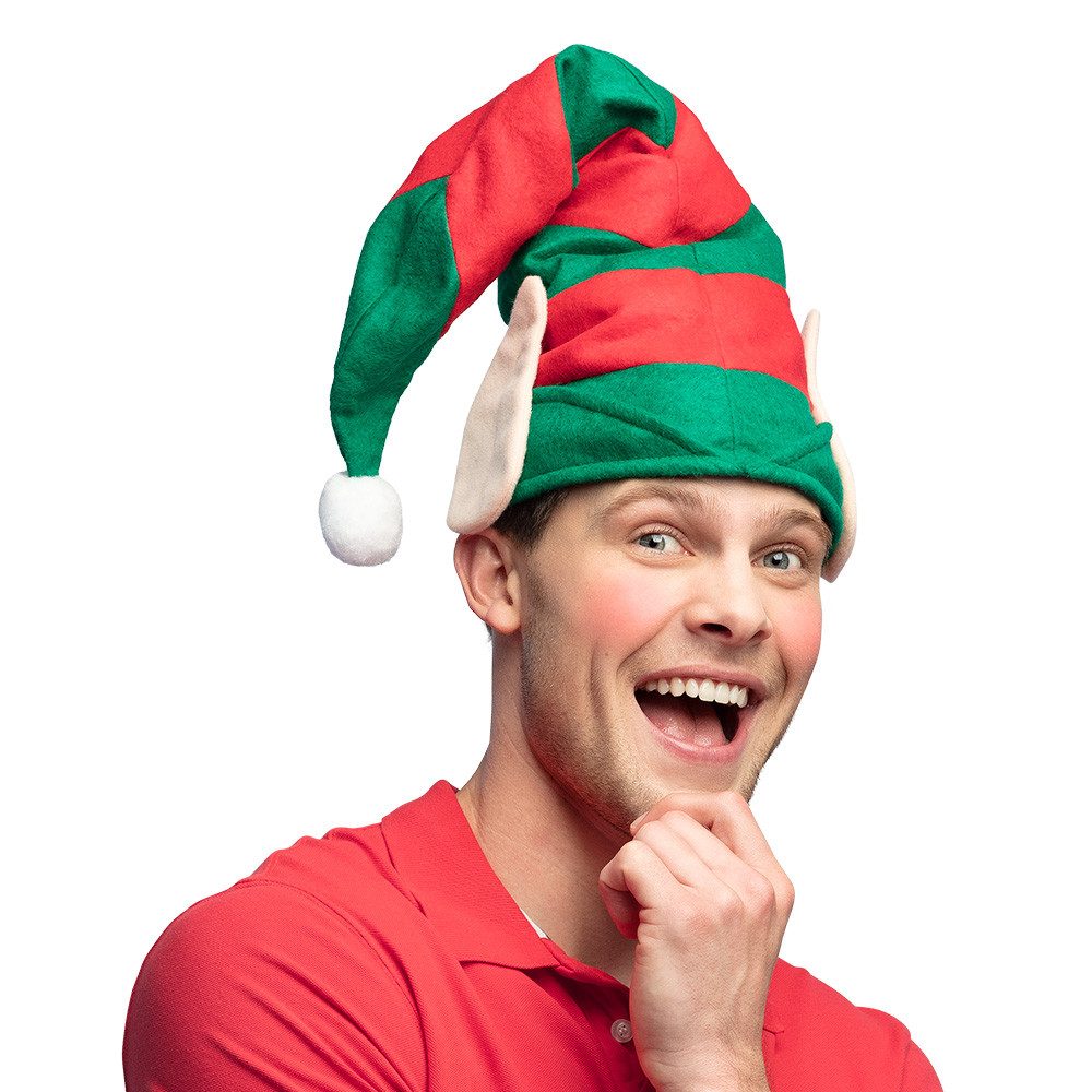 Boland Kostüm Weihnachtsmütze Elf mit Ohren und Bommel, Rot Grü