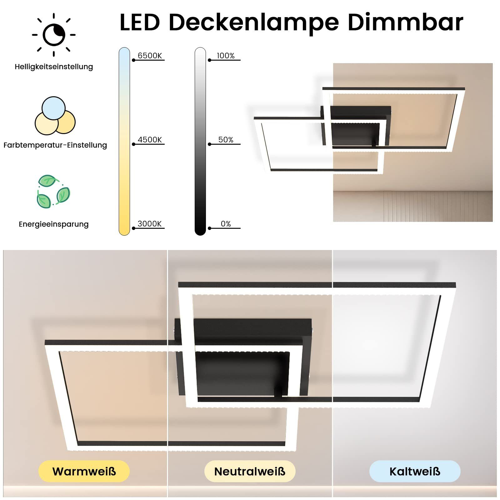 ZMH LED Deckenleuchte 2 Modern Quadratisch warmweiß-kaltweiß, Dimmbar Fernbedienung integriert, Schwarz mit fest LED Kristall Design 52W