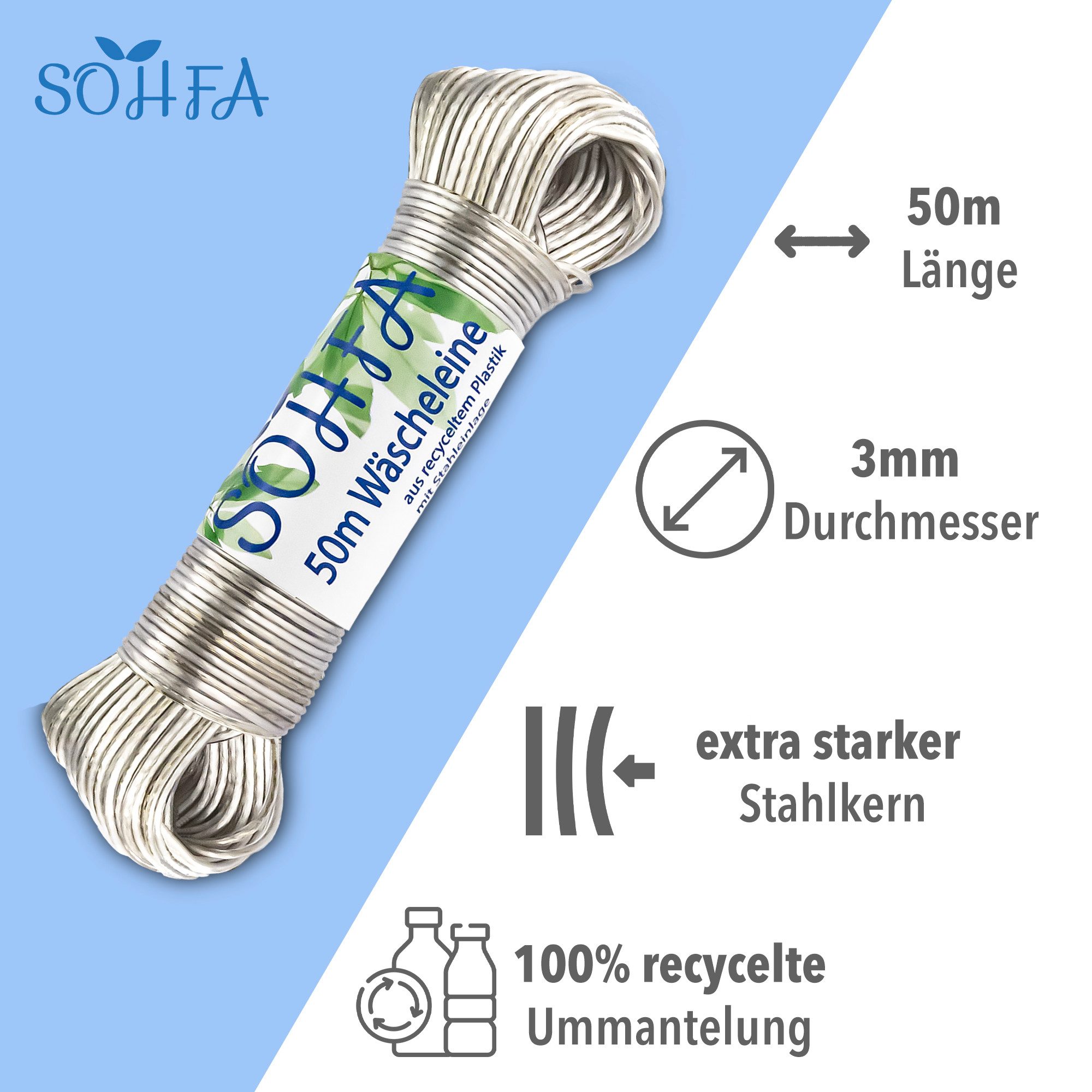 SOHFA Wand-Wäscheleine 50m mit Stahlkern - Camping Wäscheleine Extra Stark ca. 3mm, Stabile Wäscheschnur Outdoor ohne Bohren