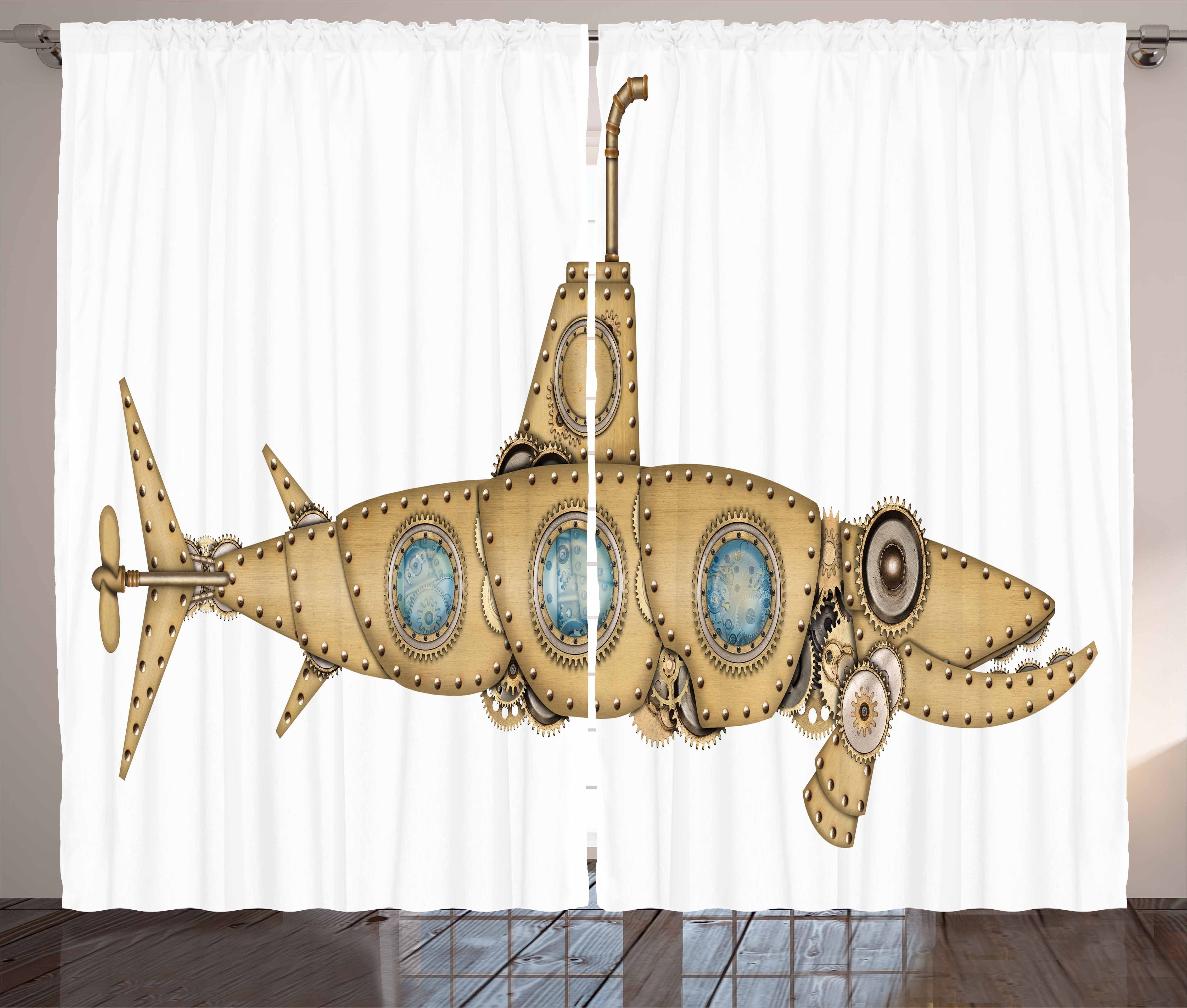 Gardine Schlafzimmer Kräuselband Vorhang mit Schlaufen und Haken, Abakuhaus, Steampunk Barracuda Submarine