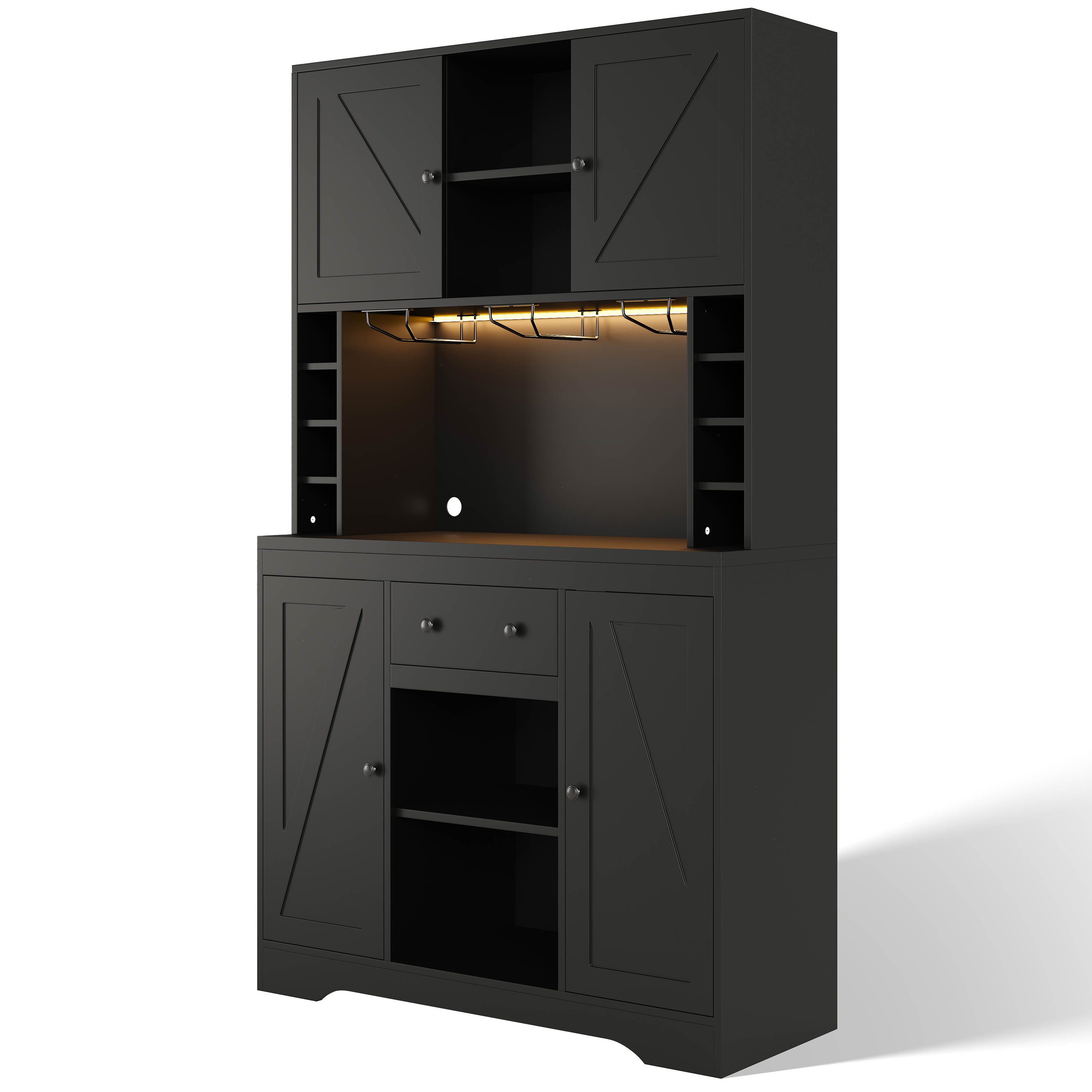 Flieks Küchenbuffet mit Steckdosen, LED-Beleuchtung, Weinregal und Gläserhalter (1-St., B105/T39/H180 cm) Hochschrank Küchenschrank mit verstellbaren Einlegeböden Schwarz