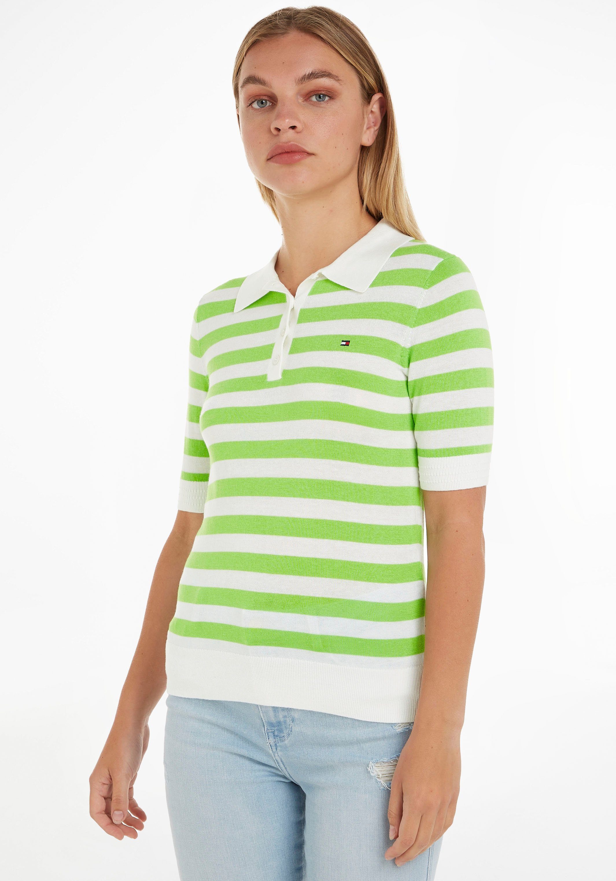 SS weicher Hilfiger Tommy TOP Feinstrick-Qualität in Polokragenpullover POLO BUTTON