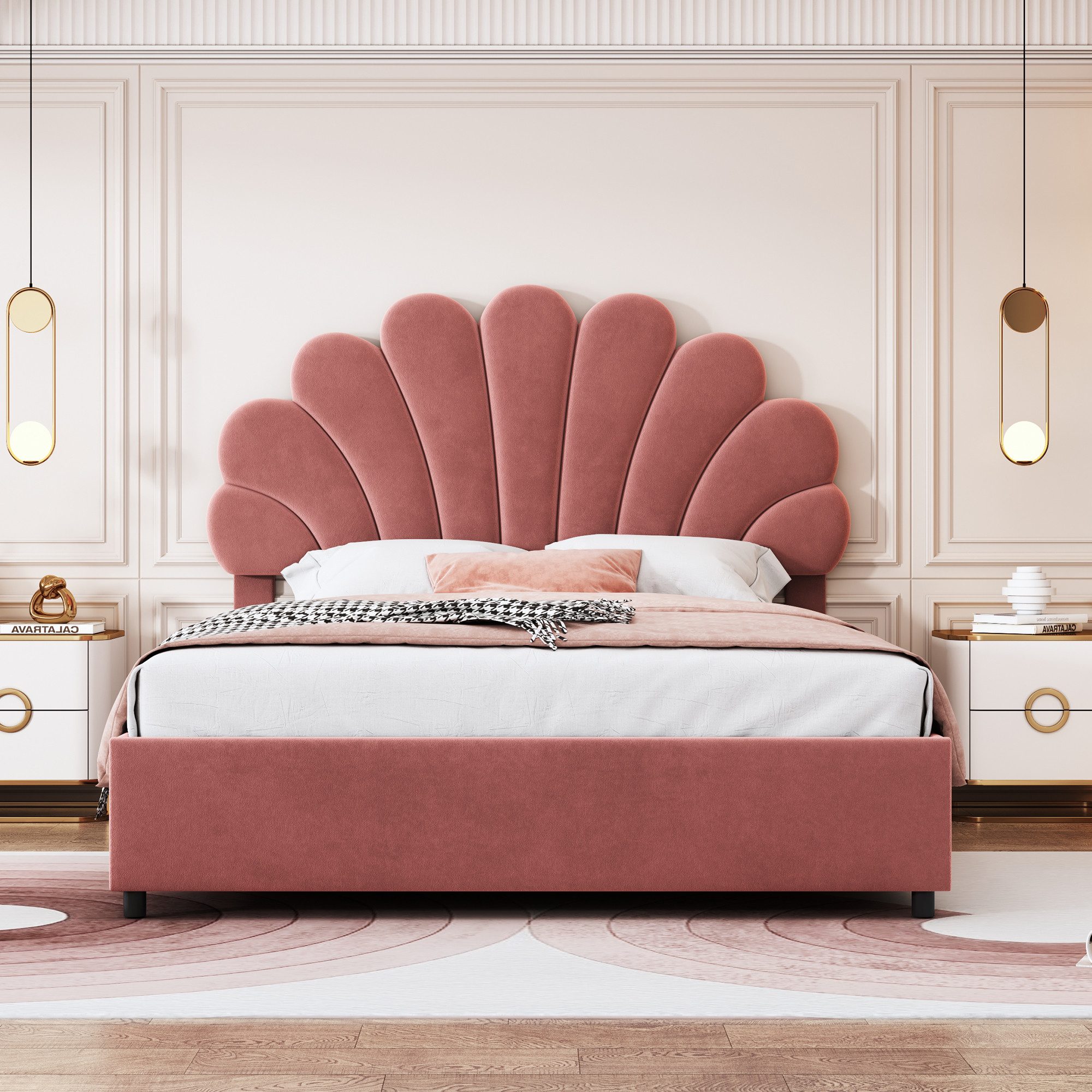 Merax Polsterbett mit höhenverstellbarem Kopfteil & floraler Rückenlehne (1 günstig online kaufen