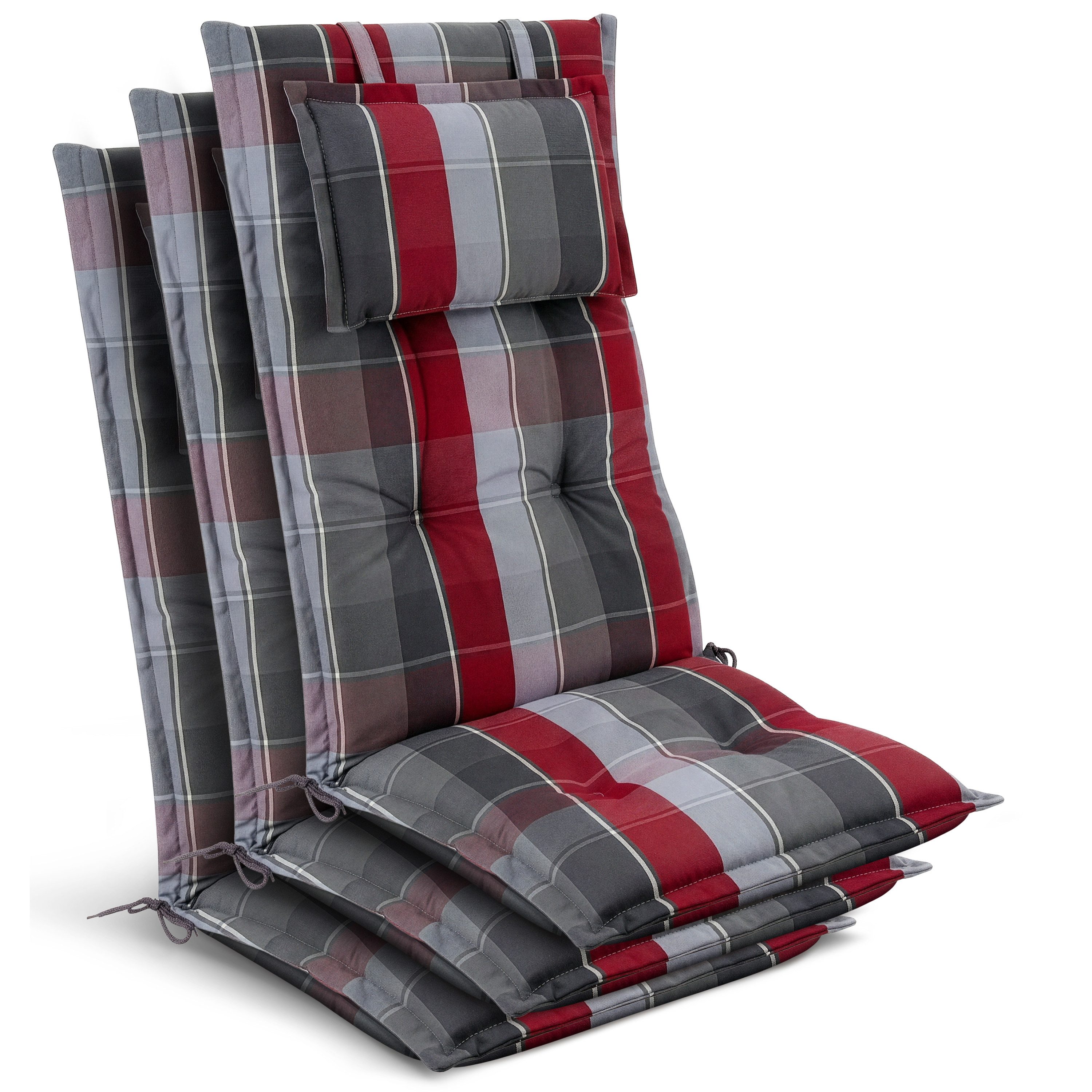 Beautissu Hochlehnerauflage 3x Premium Hochlehnerauflage 120x50x7cm, Grau-Rot-Hellblau-Kariert, Gartenstuhlauflage Hochlehner - Robuster Stoff & UV-Lichtechtheit
