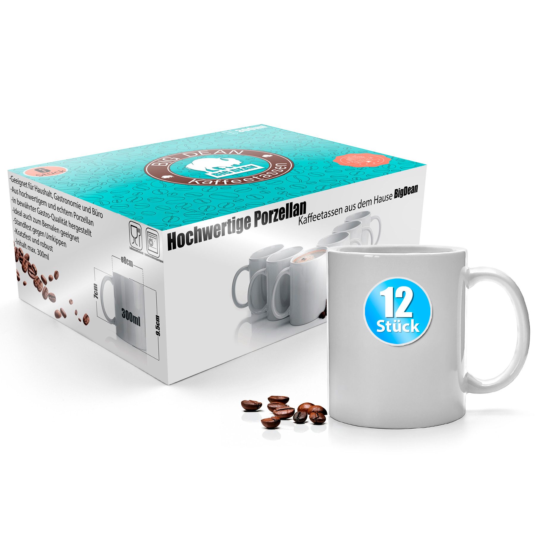 BigDean Tasse 12 Stück Kaffeebecher weiß 300ml Kaffeetassen aus Porzellan, 12-tlg., Porzellan, Lebensmittelecht, Spülmaschinenfest, Kratzfest.