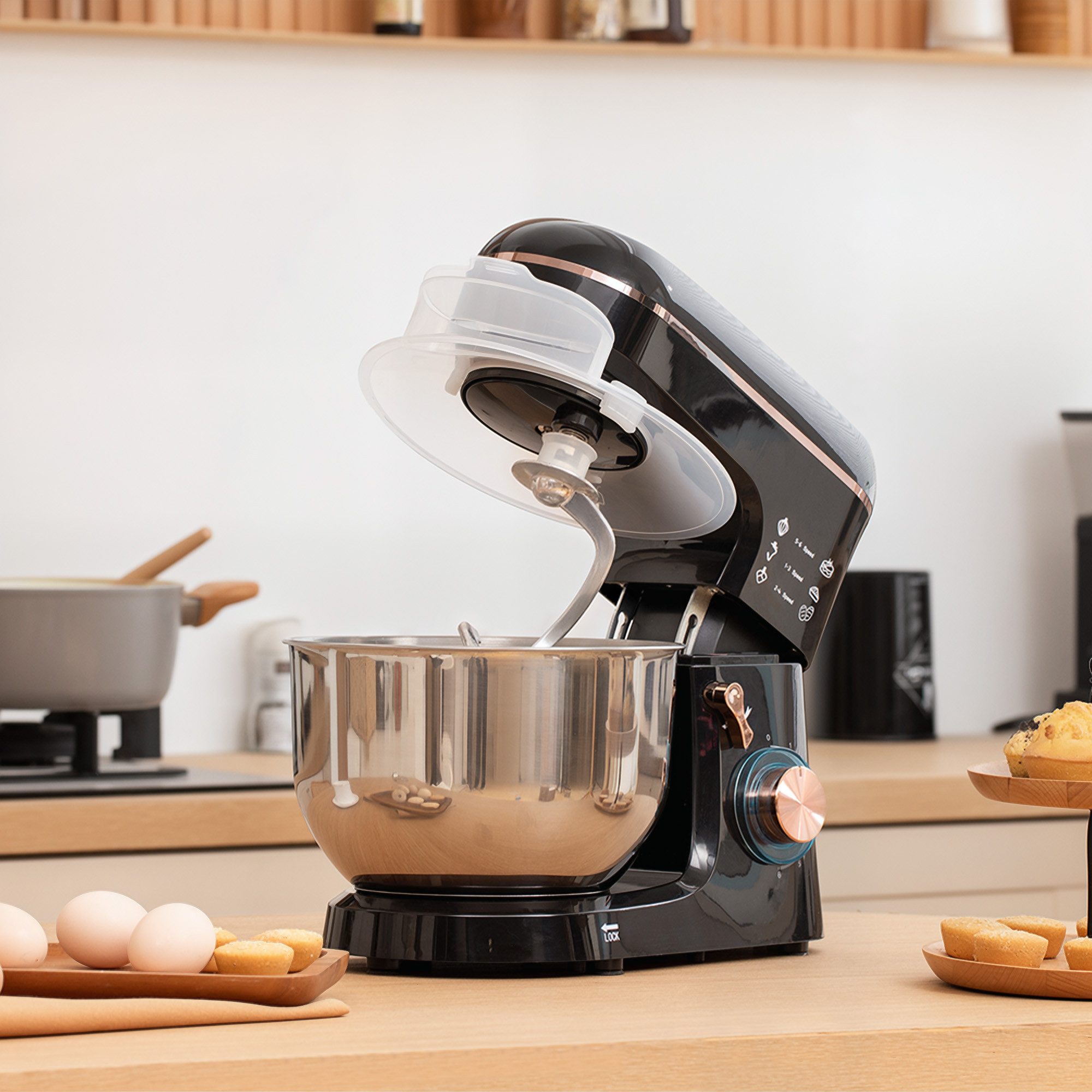 HOMCOM Küchenmaschine 800-251V91BK, 1400 W, 5.5 l Schüssel, mit Rührhaken, Schlagbesen, Spritzschutz, Teigschaber und Eiertrenner