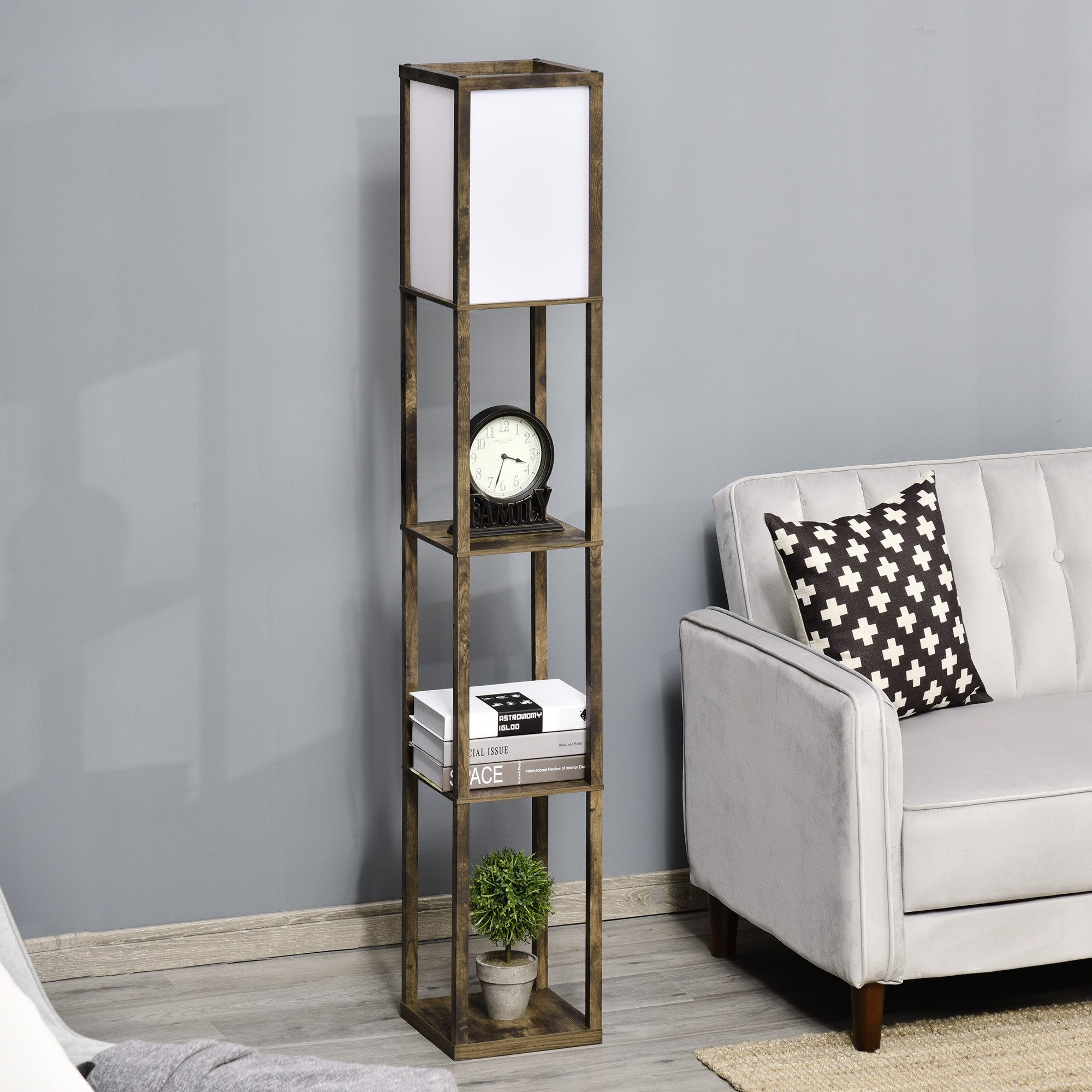HOMCOM Stehlampe Stehlampe mit Regalen E27 40W Nachttischlampe Acryl Lampenschirm, Ablagefächer, Lichtquelle, Fußschalter, ohne Leuchtmittel, Stehlampe mit Ablagen, platzsparend