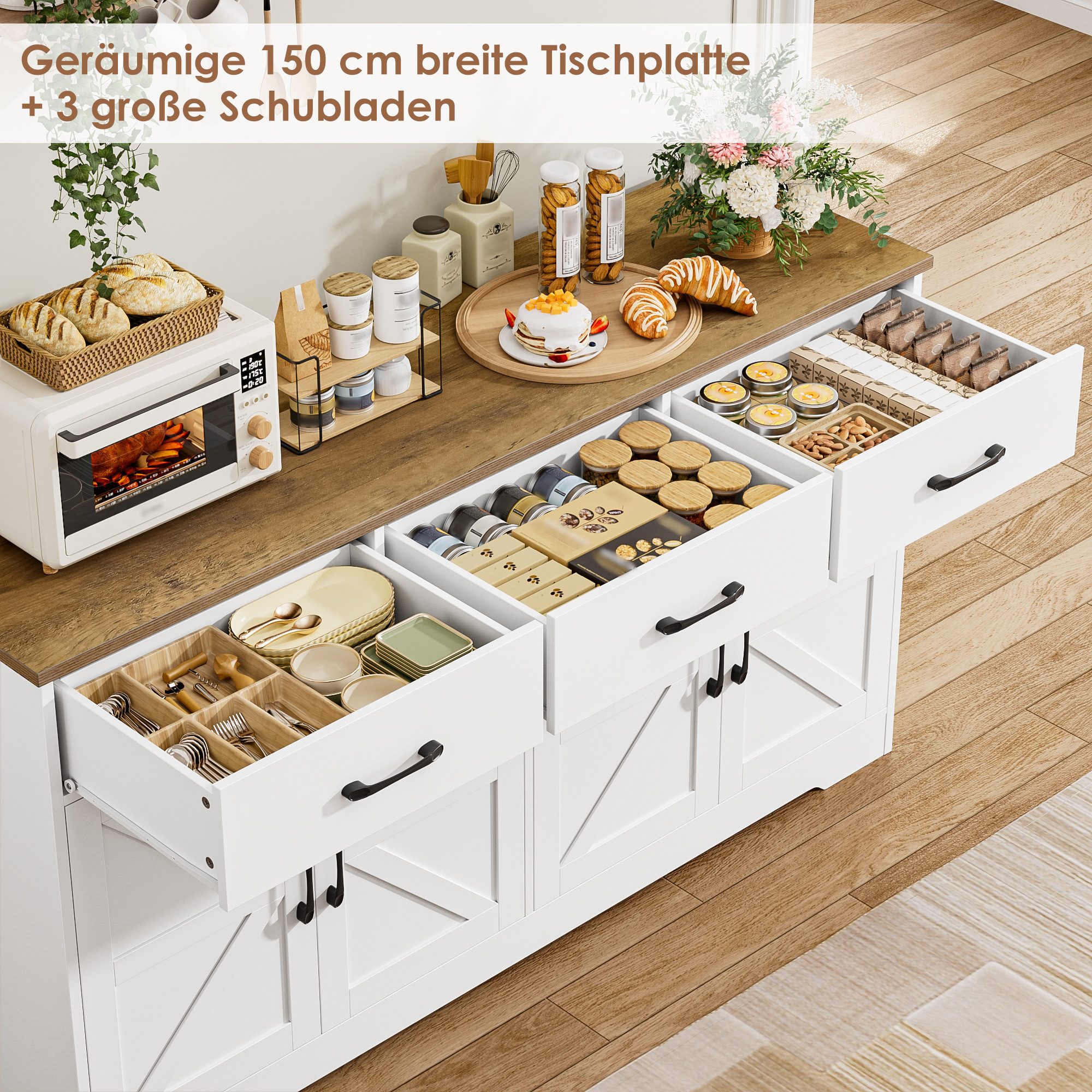 HOMECHO Sideboard, 150cm Breit Küchenschrank mit Arbeitsplatte 4 Türen 3 Schubladen