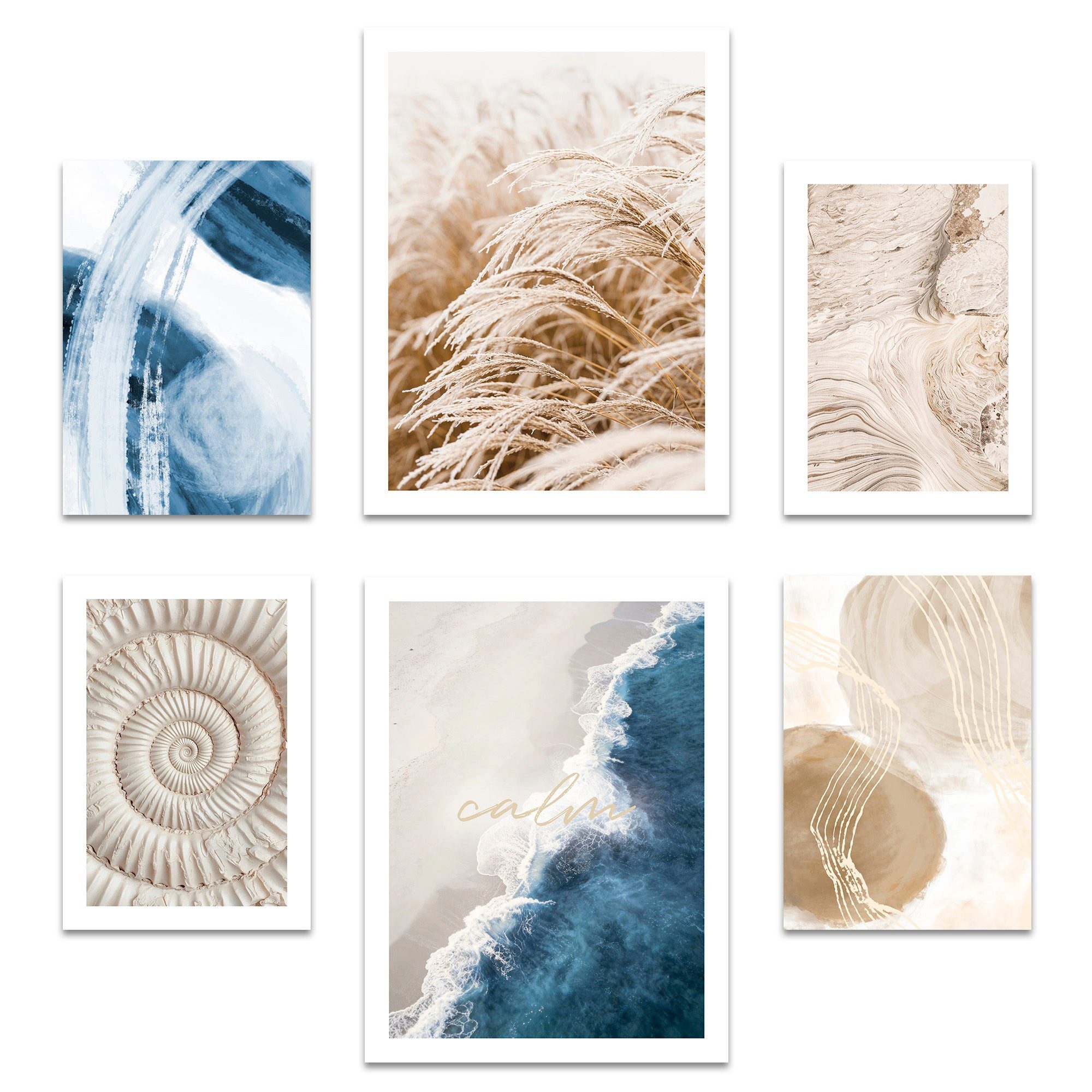 ARTFAVES Bilder-Collage Poster Set Beige Blue Calmness I mehrteilige Bilderwand I Wandbilder M, (Wandbilder modern, 6 St)