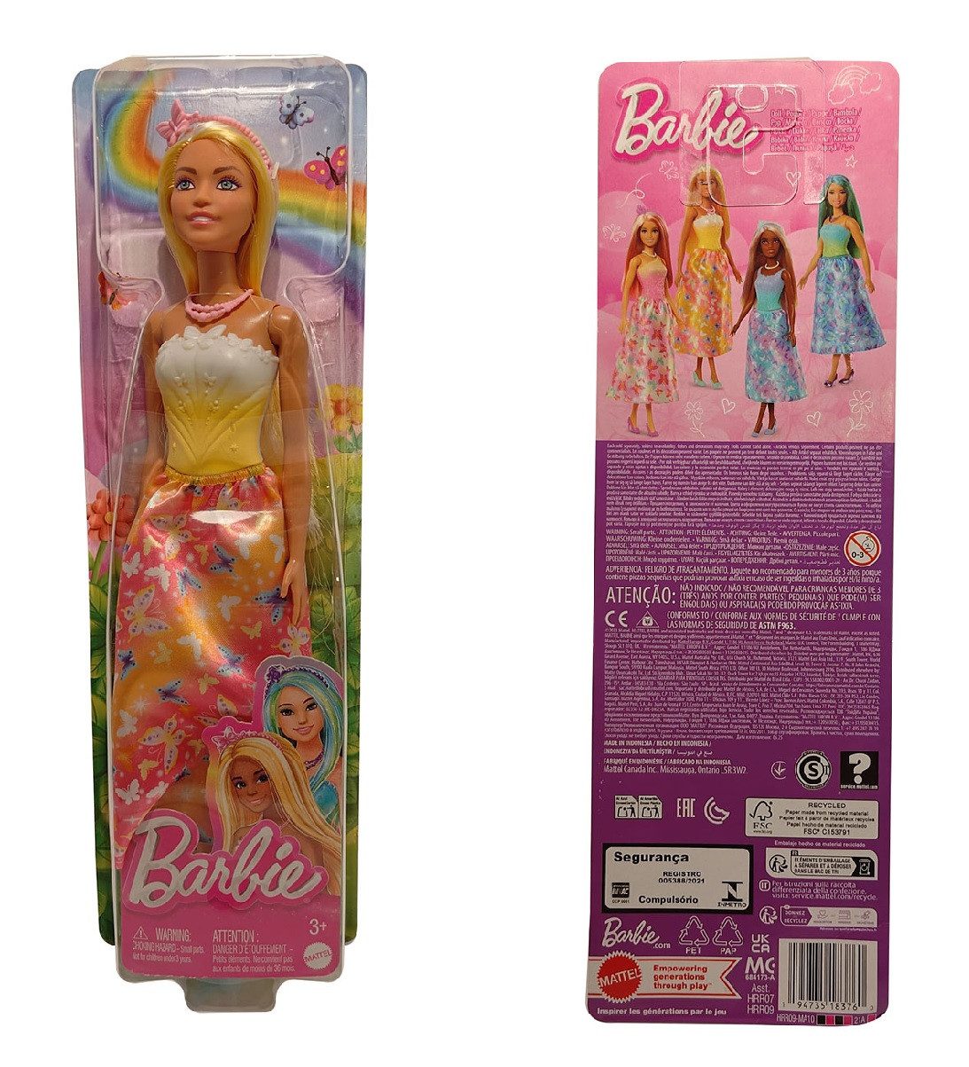 Stehpuppe Barbie Modepuppe mit blonden Haaren, gelb/weißem Oberteil, Schmetterli