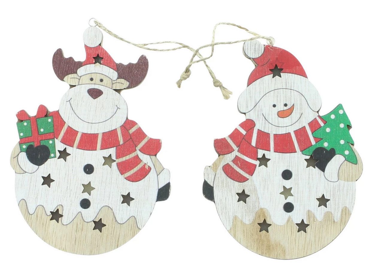 Dekohänger Schneemann Elch LED Deko Hänger Winter Weihnachten 2er Set Holzdeko