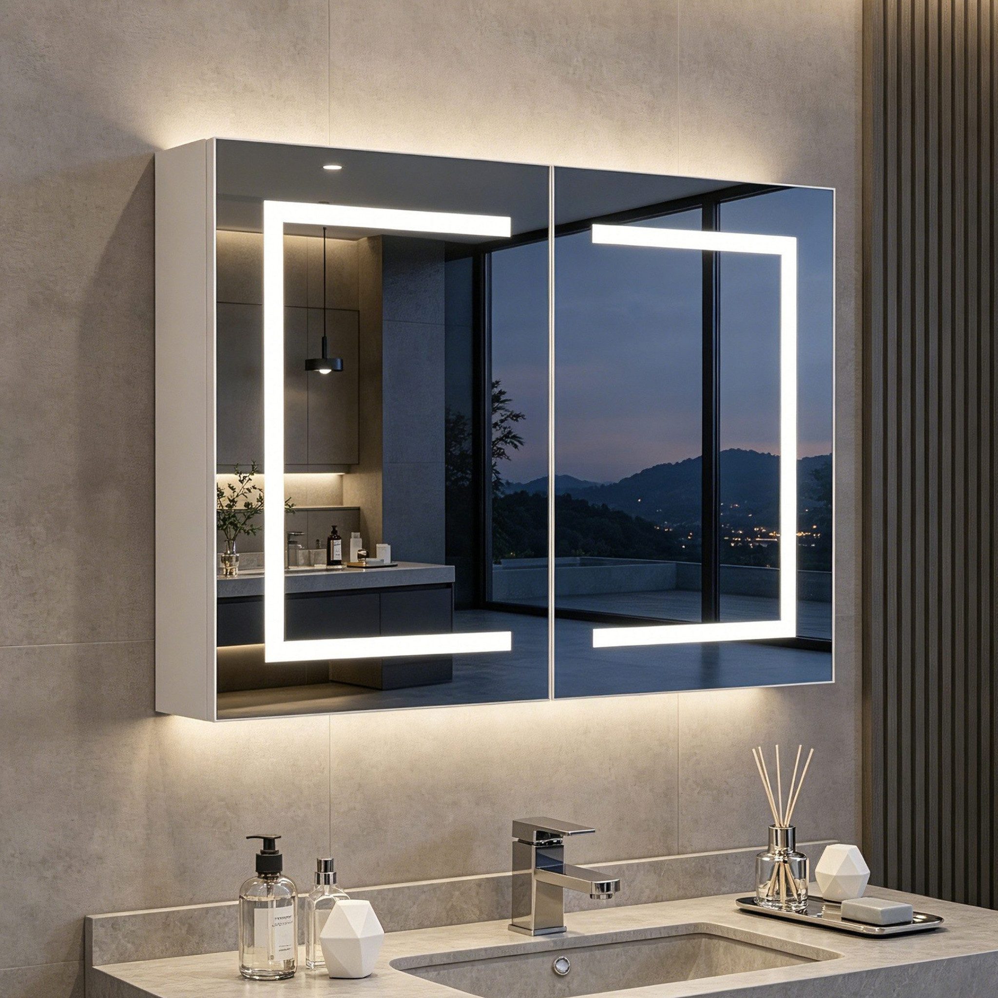 Simurq Spiegelschrank Spiegelschrank 80cm mit LED Beleuchtung & Anti-Beschlag (Spiegelschrank, Glasböden, LED-Beleuchtung, Netzteil, Montagezubehör) LED-Badezimmerspiegel mit Antibeschlagfunktion