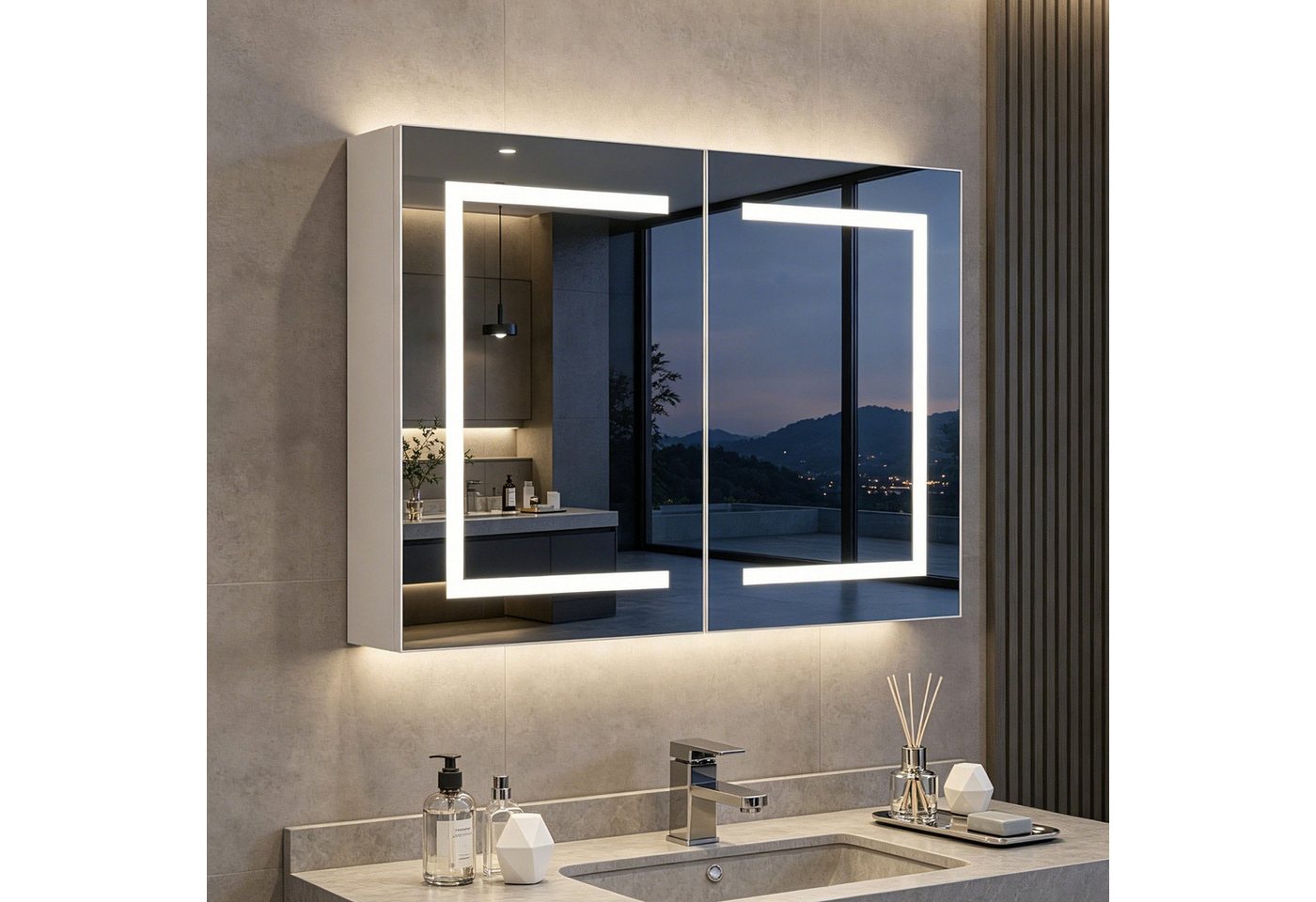 Simurq Spiegelschrank Spiegelschrank 80cm mit LED Beleuchtung & Anti-Beschlag (Spiegelschrank, Glasböden, LED-Beleuchtung, Netzteil, Montagezubehör) LED-Badezimmerspiegel mit Antibeschlagfunktion