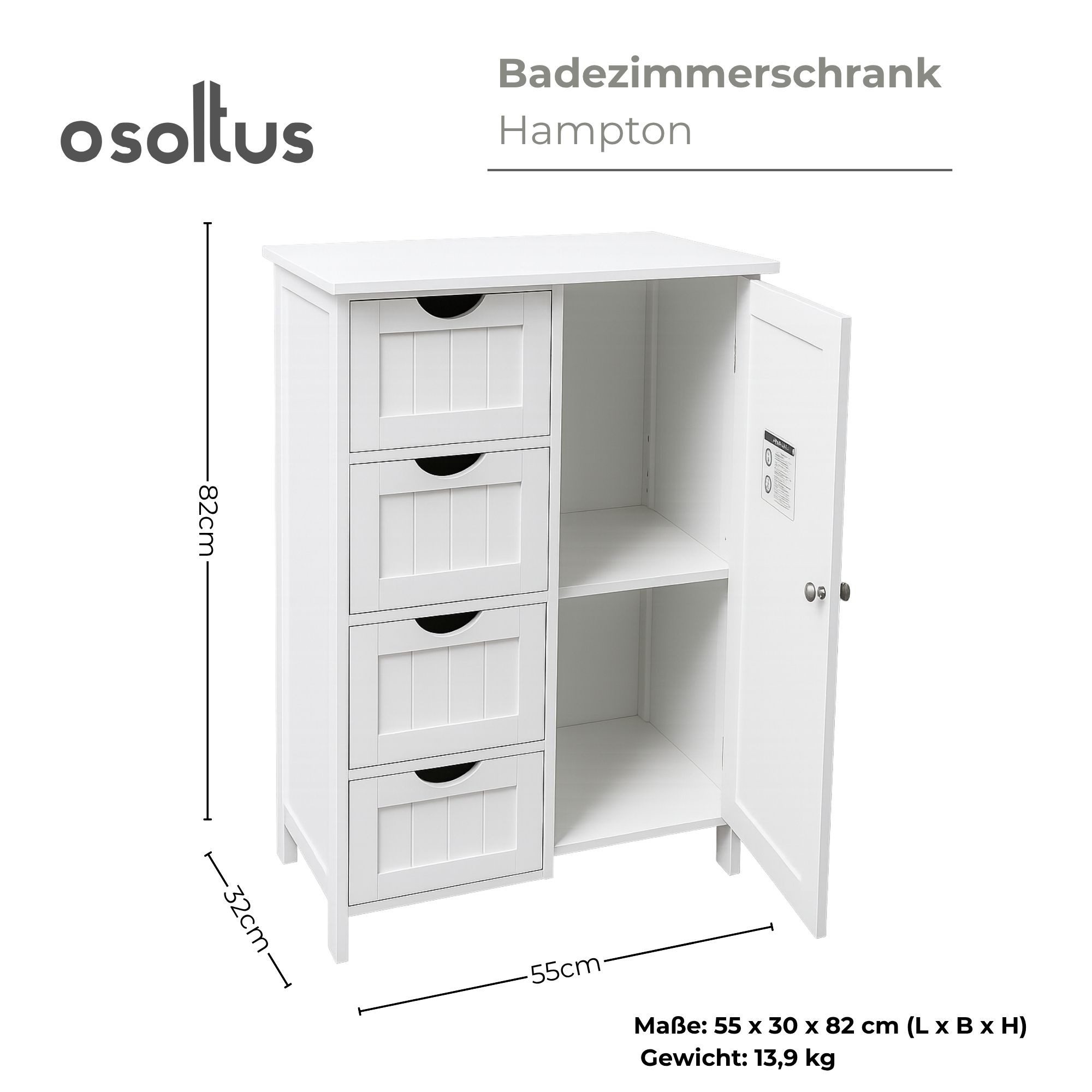 osoltus Badregal osoltus Badezimmerschrank Beistellschrank Hampton 55 x 30 x 82 cm Weiß – Bild 3 von 5