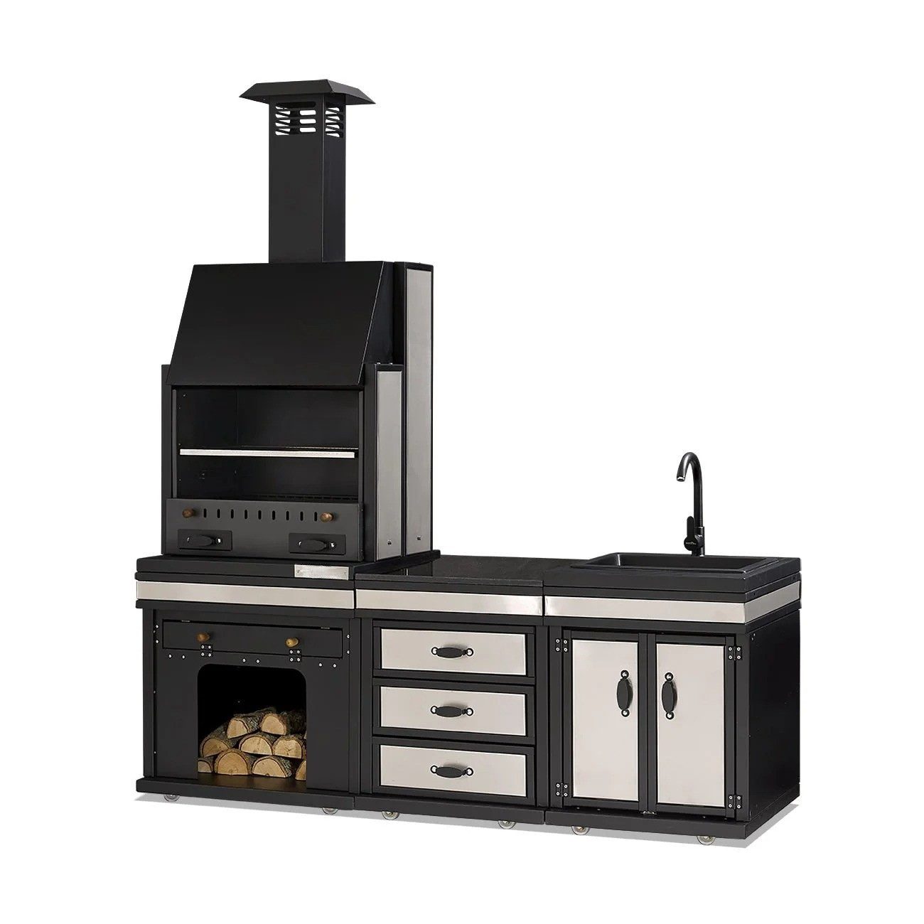 JVmoebel Outdoor-Küche Schwarze Edelstahl Außenküche mit Grill- und Kochmöglichkeiten, Made in Europe