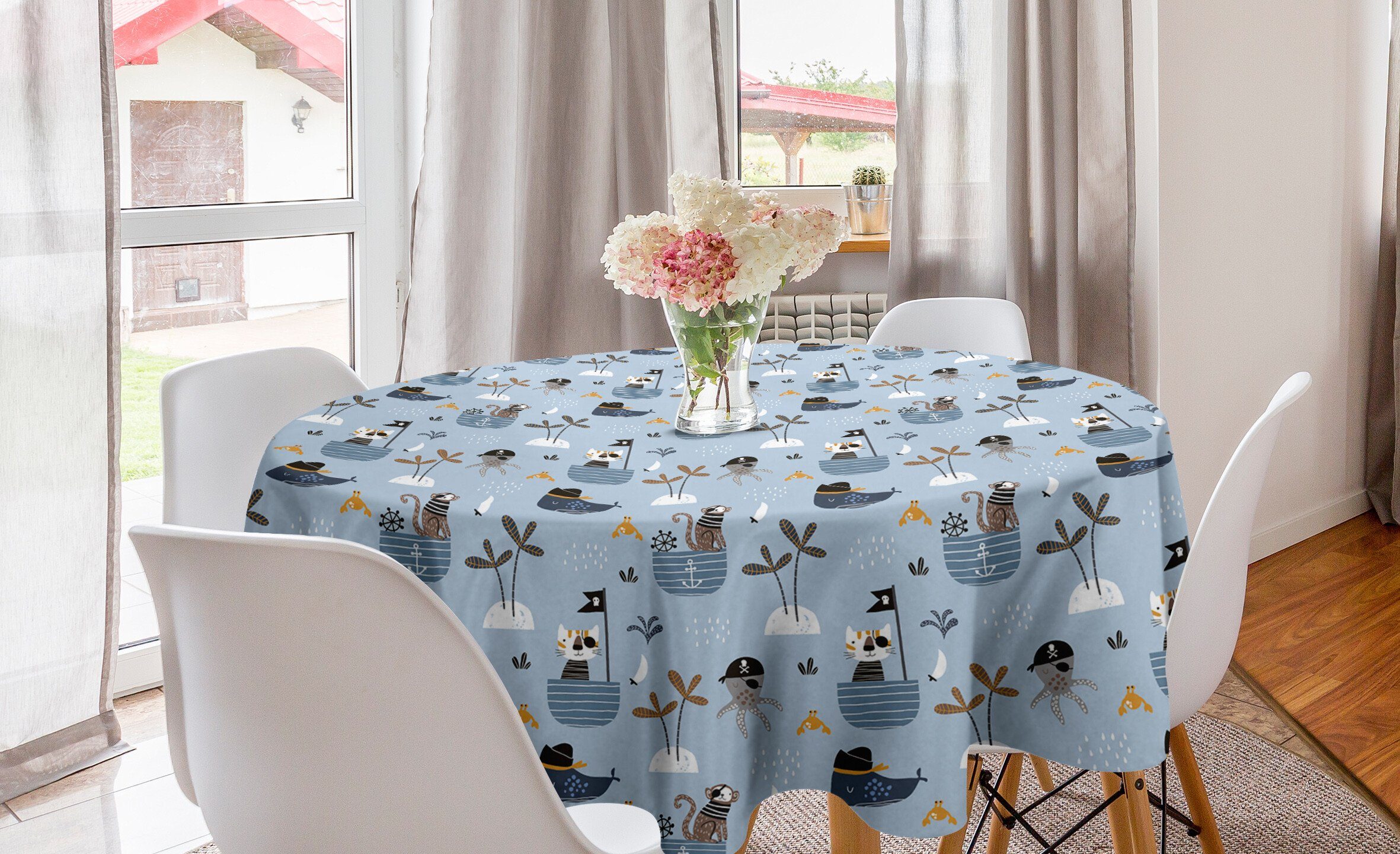 Abakuhaus Tischdecke Kreis Tischdecke Abdeckung für Esszimmer Küche Dekoration, Süße Katze Meerestiere auf Schiff