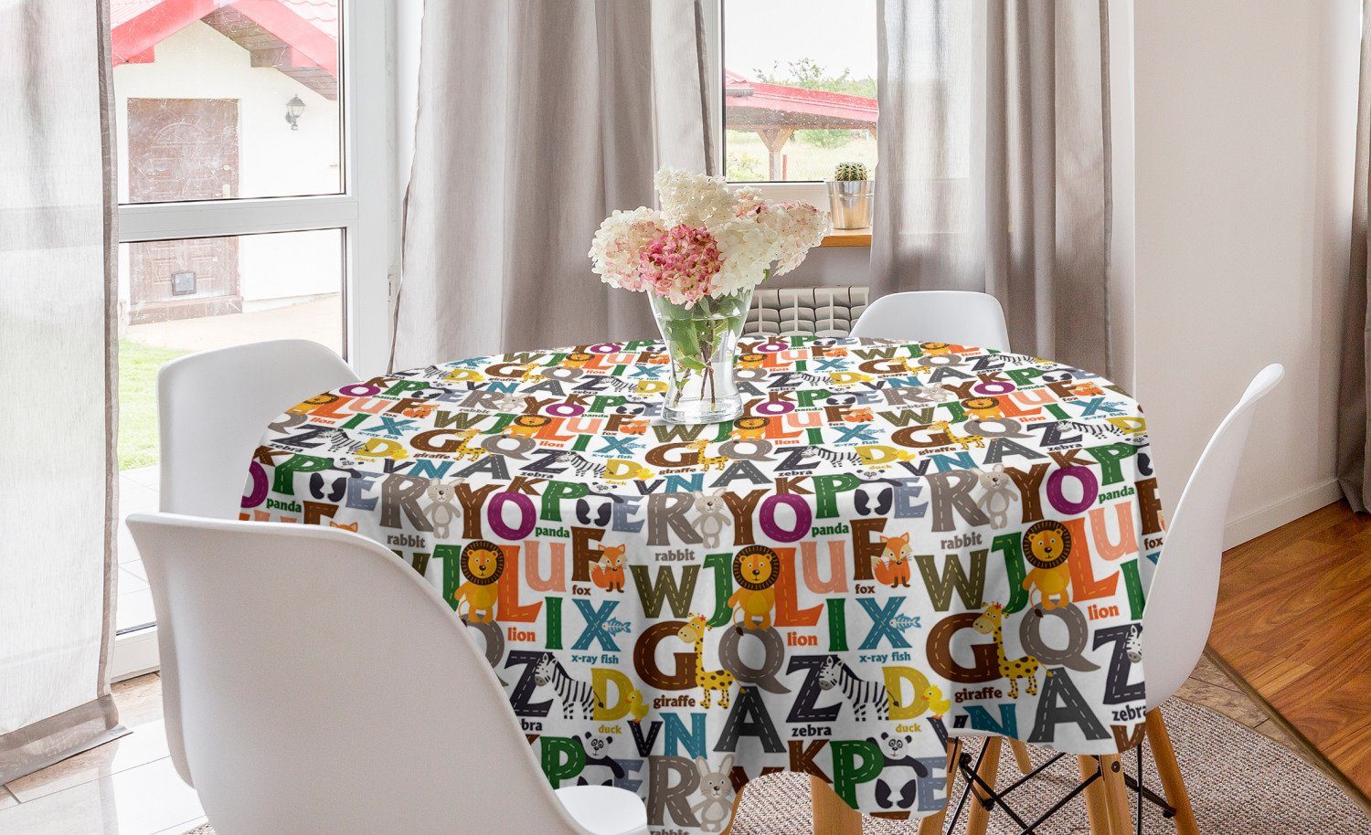 Abakuhaus Tischdecke Kreis Tischdecke Abdeckung für Esszimmer Küche Dekoration, Alphabet Bunte Tiere Initialen