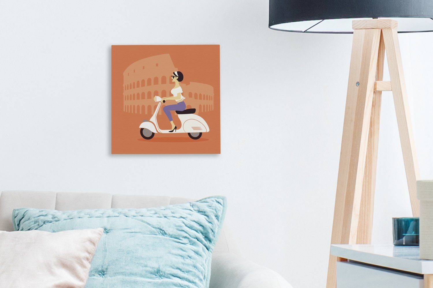 St), Illustration Bilder Mädchens eines (1 Leinwandbild Wohnzimmer auf italienischen für Eine OneMillionCanvasses® einem Motorroller, Leinwand Schlafzimmer