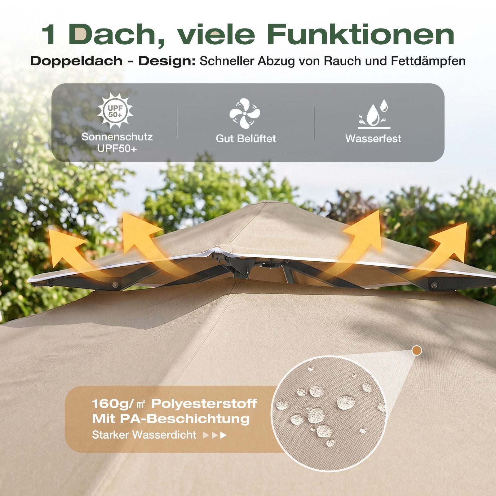 Sekey Grillpavillon 245 x 150 cm BBQ Pavillion Grillzelt Gartenzelt Winterfest Wasserdicht, 250 x 150 cm, Doppelschichtdach, Ablage mit Haken, UV-Schutz 50+