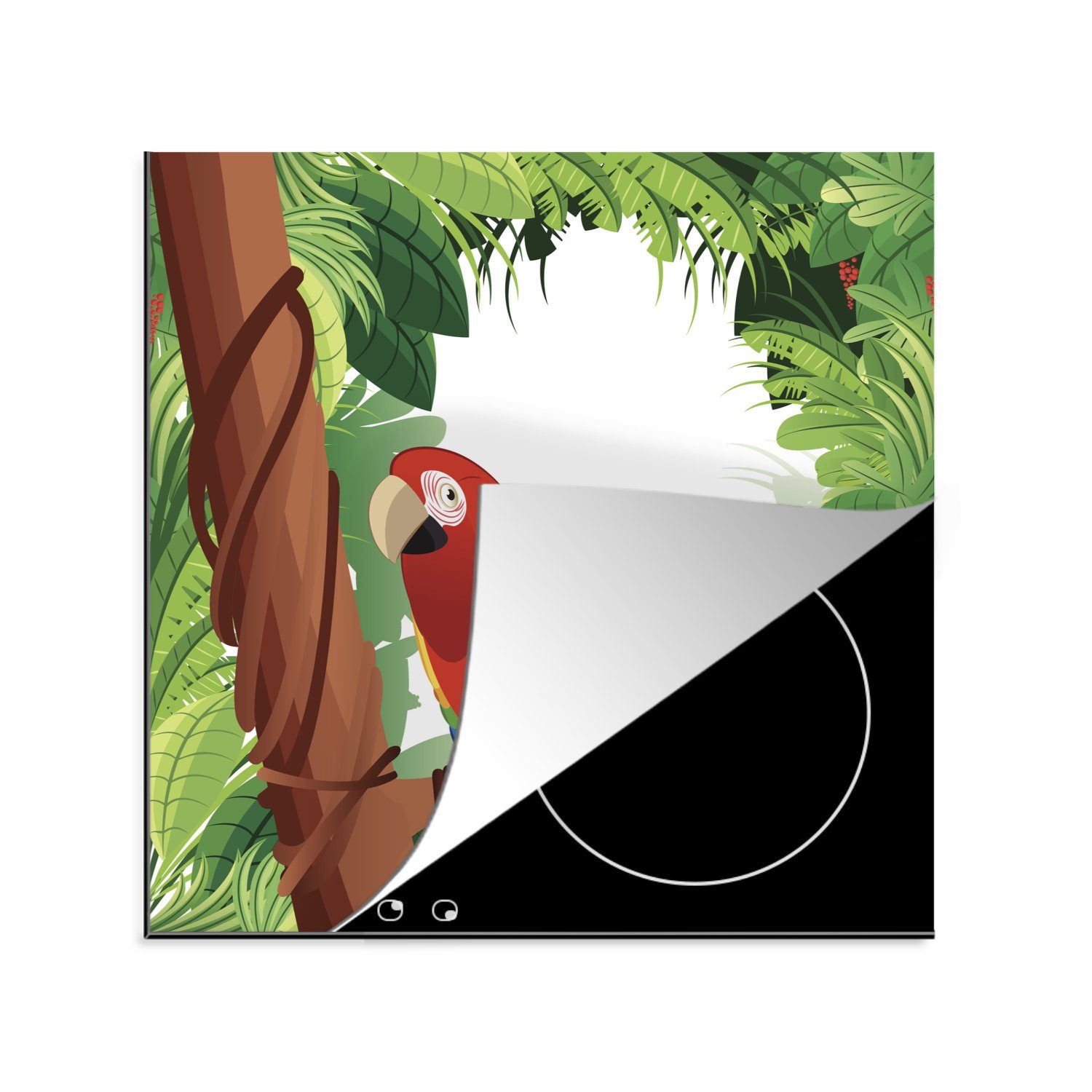 MuchoWow Herdblende-/Abdeckplatte Eine Illustration eines Papageis im Regenwald, Vinyl, (1 tlg), 78x78 cm, Ceranfeldabdeckung, Arbeitsplatte für küche