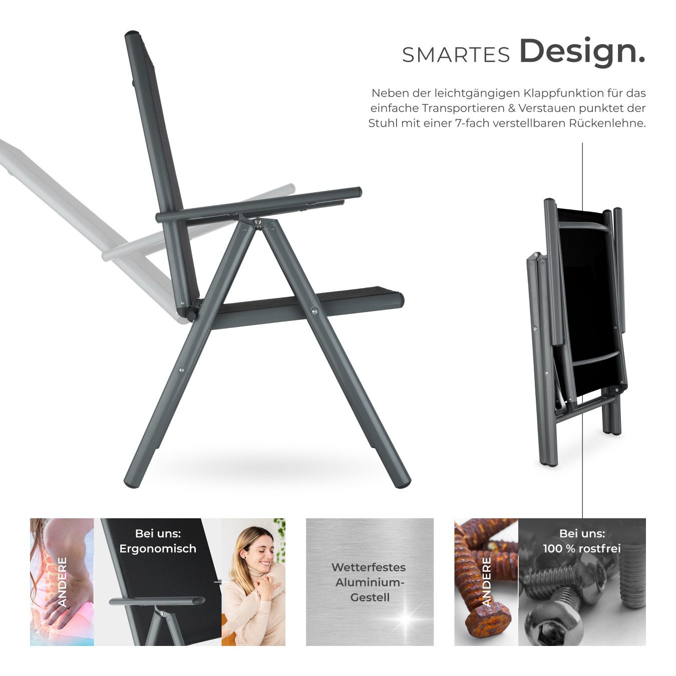 tectake Gartenstuhl Balkonstuhl, klappbar, Textilene-Gewebe, 67 x 56 x 105 cm (Terrassenstuhl Marilena für Außen in Antrazit/Schwarz, 2 St), wetterfest und UV-beständig, 7-fach verstellbare Rückenlehne