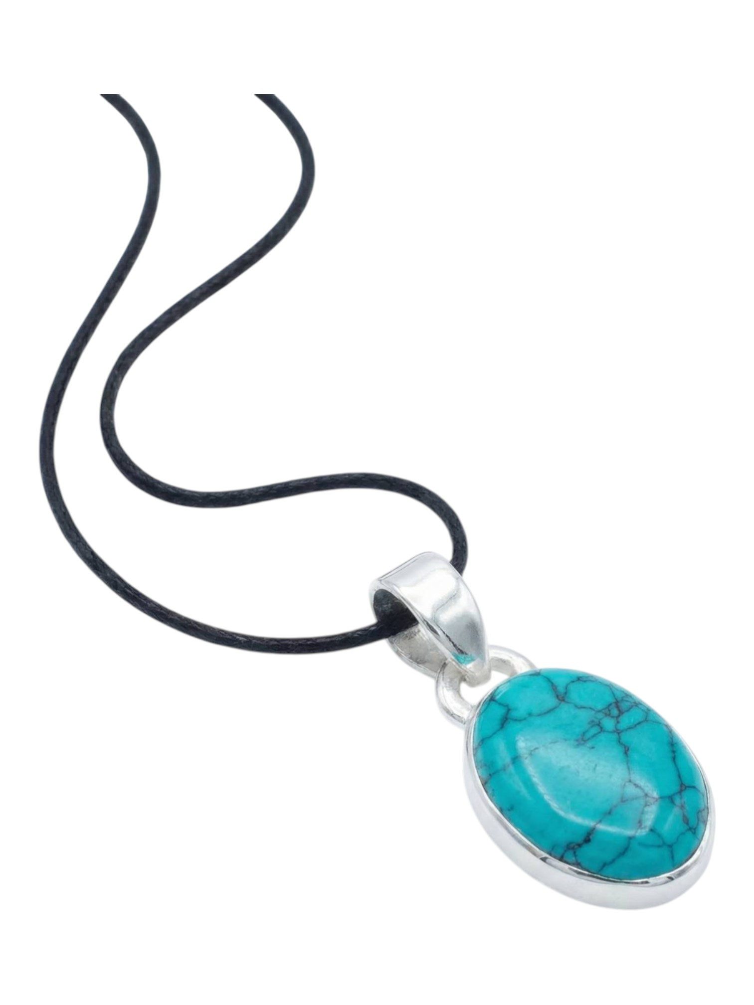 mantraroma Kettenanhänger SAMA oval aus 925 Silber mit Türkis (Kettenanhänger am Baumwollband im Schmuckbeutel), 925 Sterling Silber Kettenanhänger für Damen