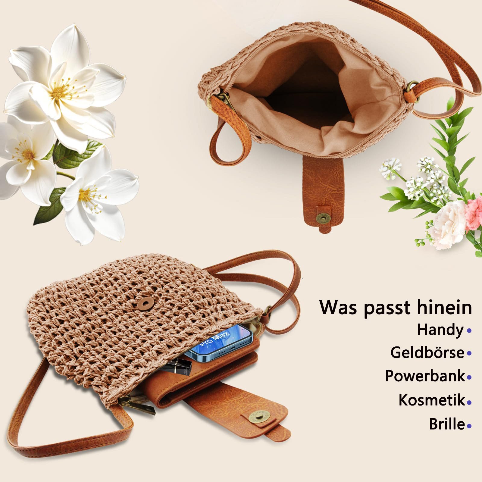 Bwecuy Umhängetasche Damen Strohtasche Boho Sommer Strandtasche mit Reißverschluss, Kleine Crossbody Schultertasche handgeflochten für Urlaub, Beach – Bild 4 von 5