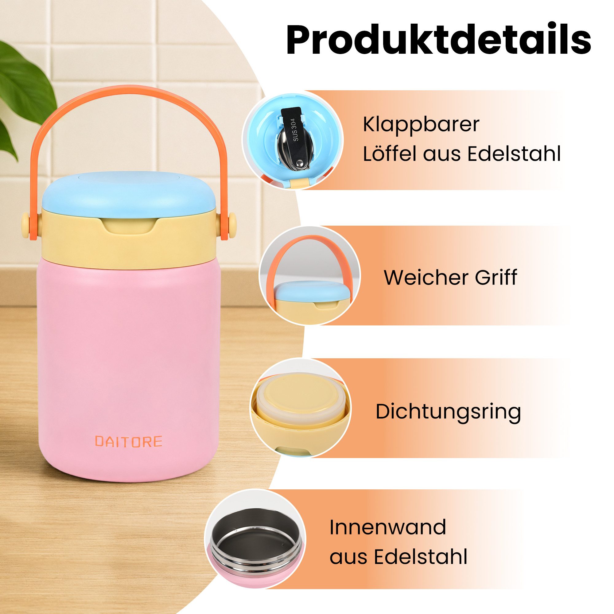 DAITORE Thermobehälter 480ml Thermobehälter Edelstahl 304 mit Löffel, auslaufsicher, (Geeignet für Büro, Schule, Reisen, Vielseitige Anwendung), 5h warm & 8h ka – Bild 4 von 5
