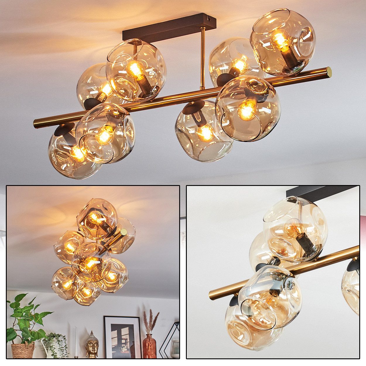 hofstein Deckenleuchte Deckenlampe aus Metall/Glas in Schwarz/Gold-/Bernsteinfarben, ohne Leuchtmittel, Deckenleuchte im Retro/Vintage-Design (Schirme Ø 15 cm), 8 x E14