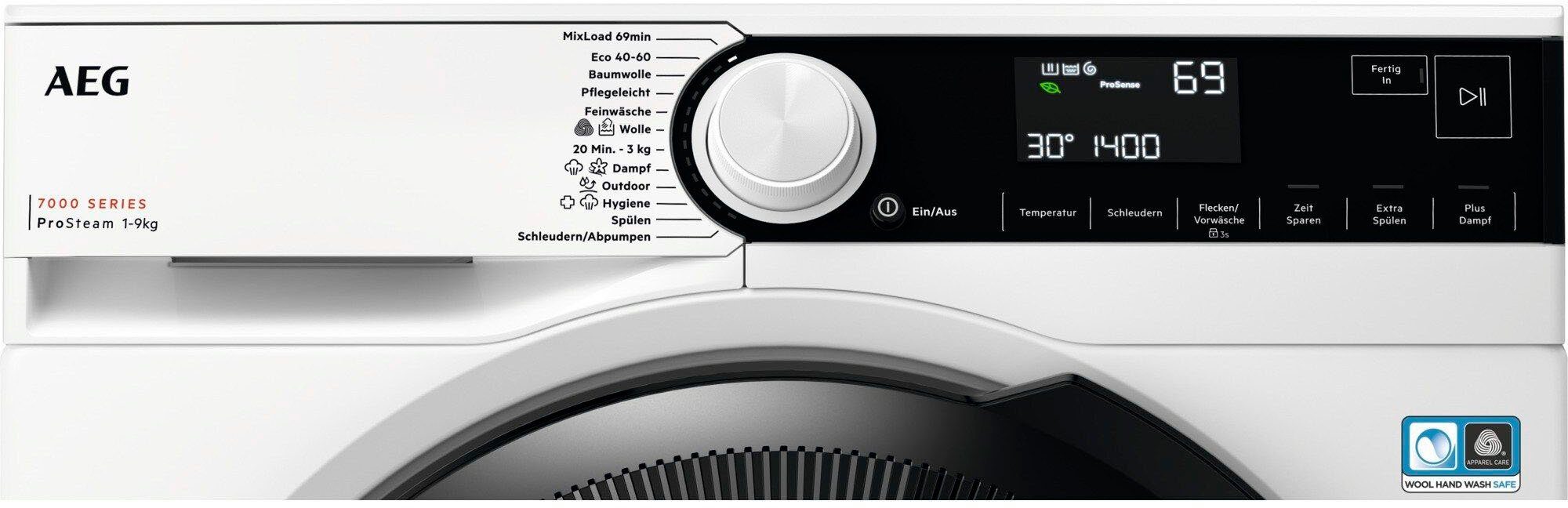 AEG Waschmaschine 7000 LR7A70490, 9 96 Wasserverbrauch ProSteam 1400 U/min, Dampf-Programm kg, weniger % - für