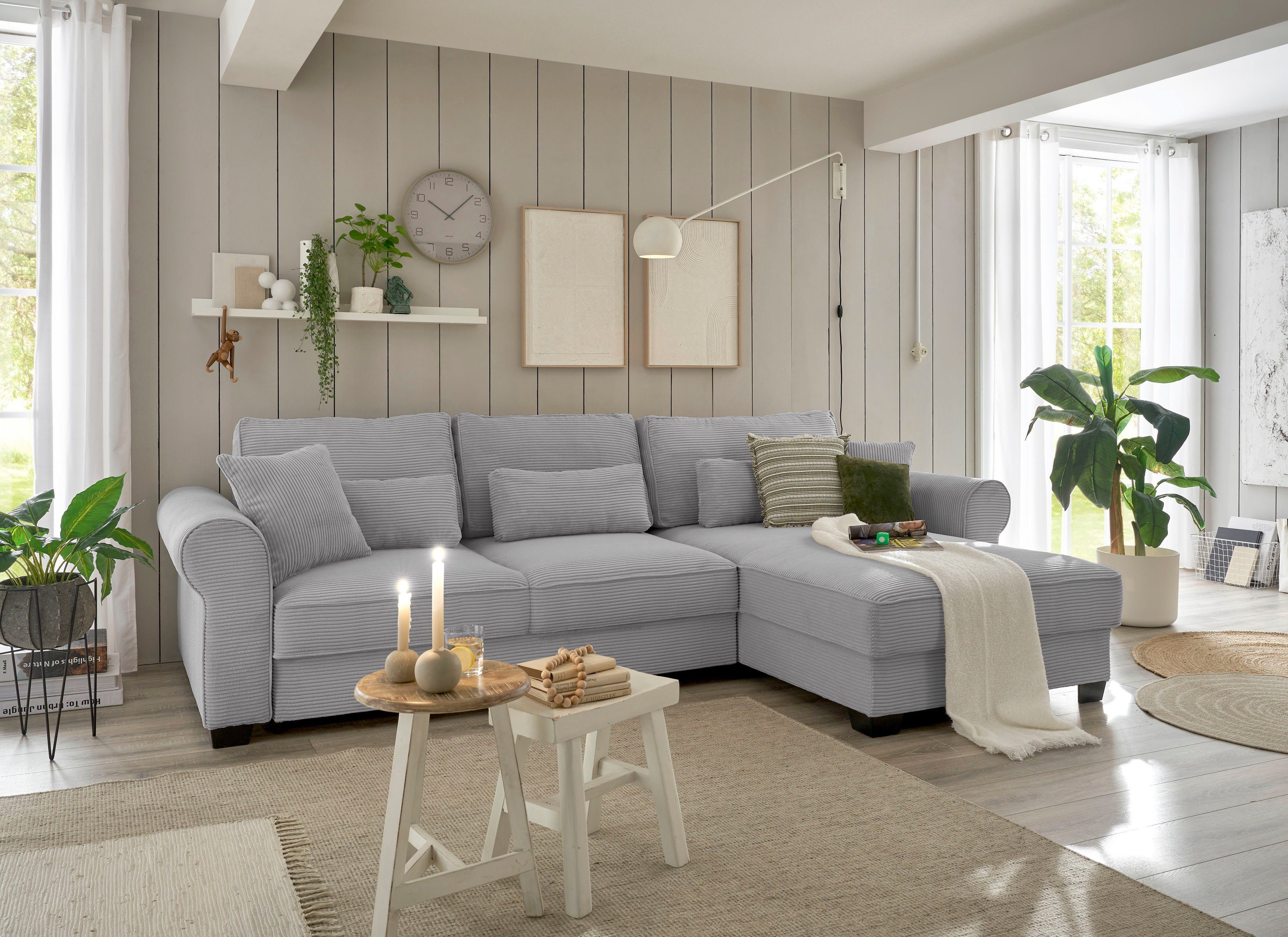 ED EXCITING DESIGN Ecksofa Angelina L-Form, mit Bettfunktion, Bettkasten & 5 Zierkissen