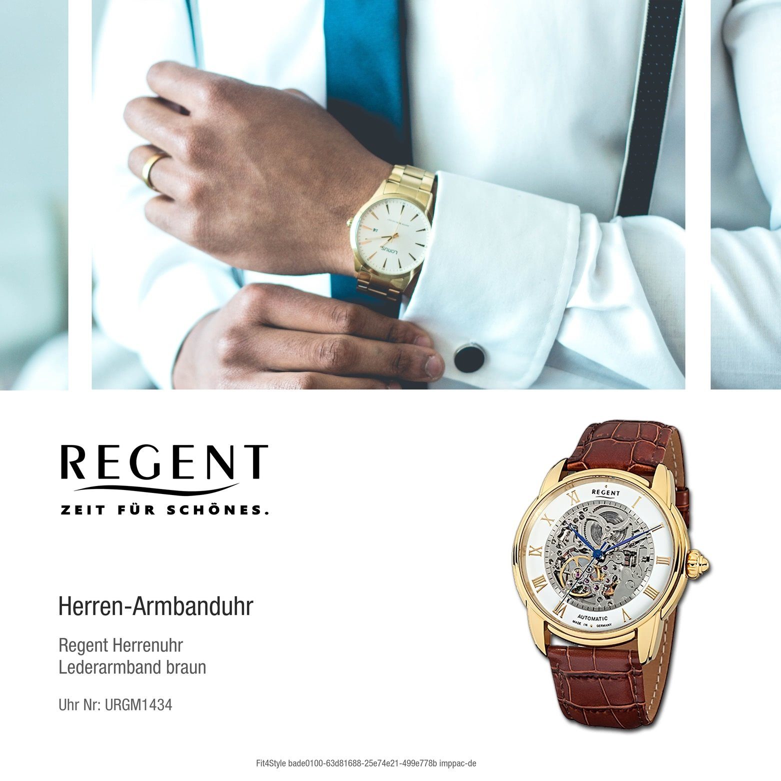 Quarzuhr Herren Regent Automatik Leder, Lederarmband Herren Armbanduhr (ca. groß Uhr Regent GM-1434 42mm), rund,
