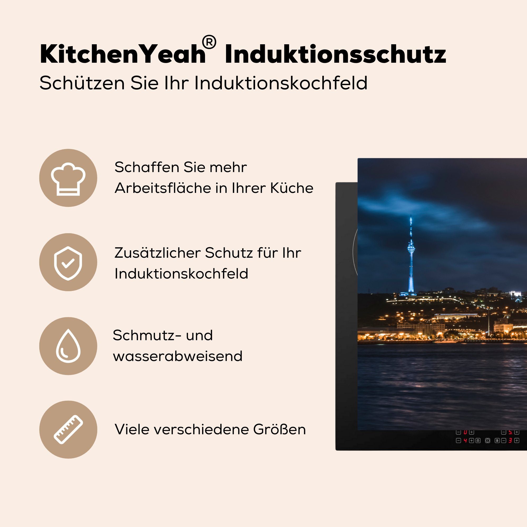 MuchoWow Herdblende-/Abdeckplatte in Abend der Ceranfeldabdeckung Vinyl, für küche, Aserbaidschan, (1 Stadt 81x52 Baku Skyline tlg), Induktionskochfeld Schutz am die cm