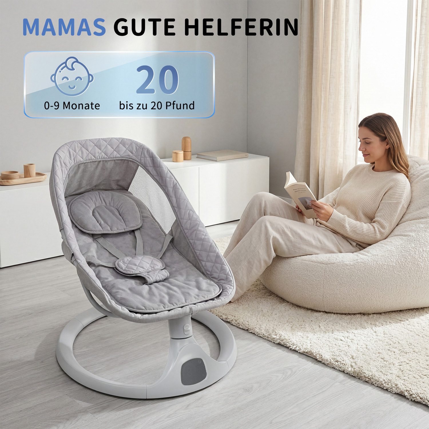 oyajia Babywippe Elektrische Komfort-Babywippe mit Fernbedienung, Musik Insektenschutz, mit Schwung in 5 Geschwindigkeiten, Moskitonetz,Fernbedienung max.9kg