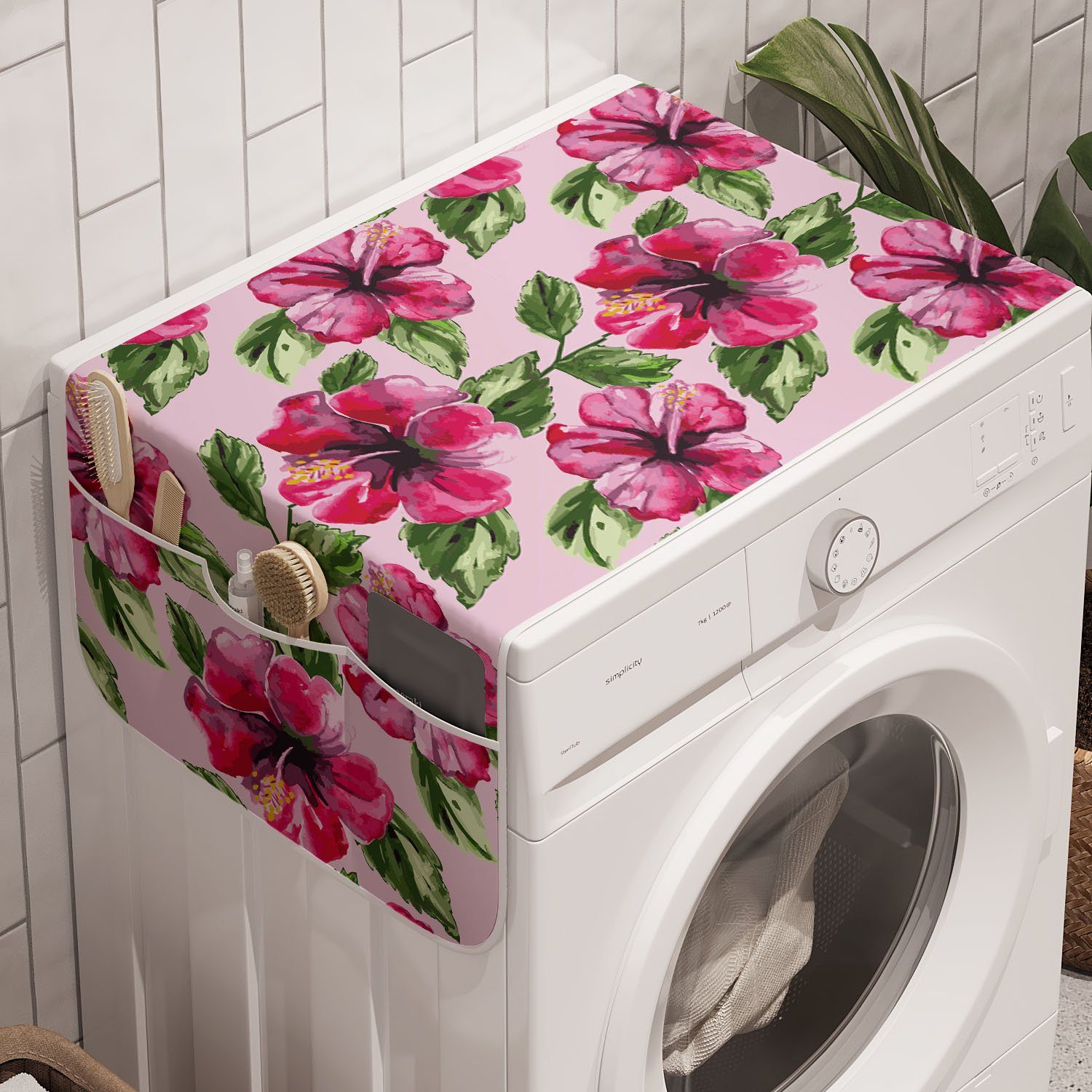 Aquarell-Hibiscus und Trockner, Badorganizer Anti-Rutsch-Stoffabdeckung für Waschmaschine Blumen Flowers Abakuhaus