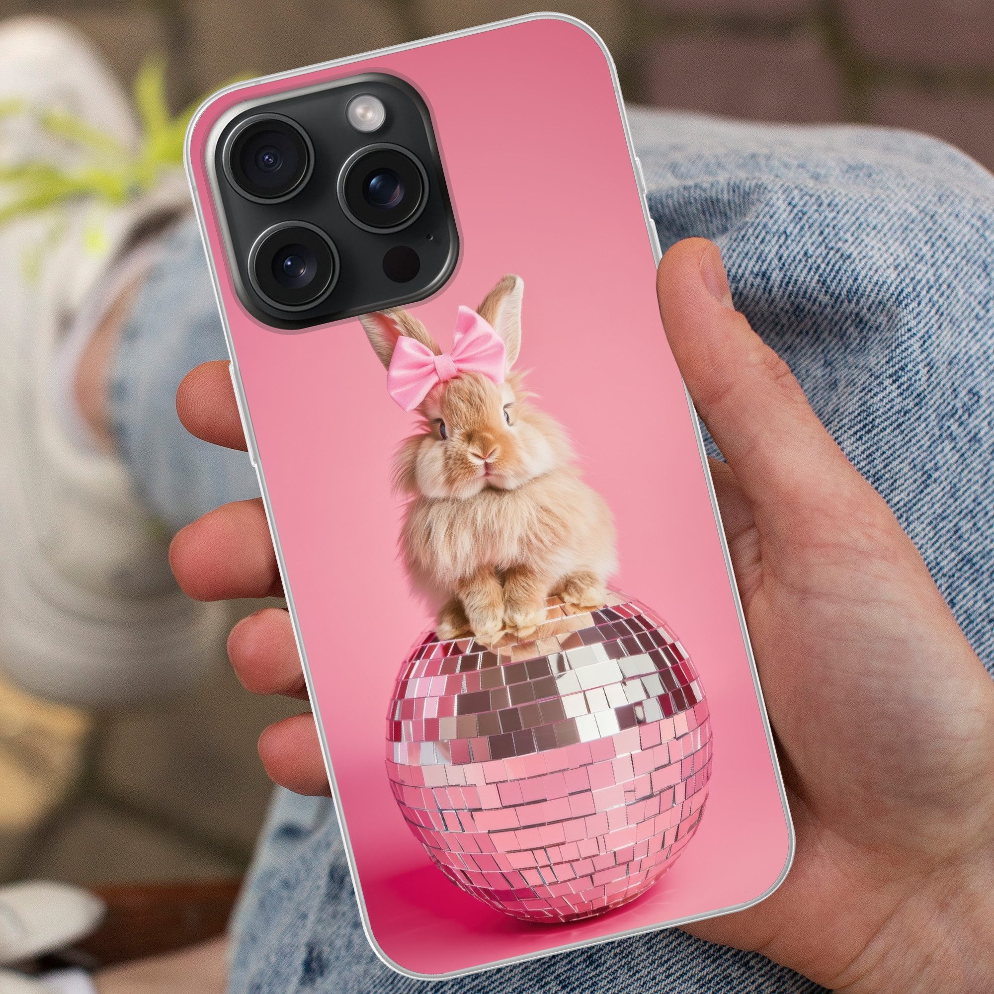 MuchoWow Handyhülle für Apple iPhone 15 Pro Max Schleife - Discoball - Kaninchen, Smartphone-Bumper, Print, Handy Schutzhülle Dünn