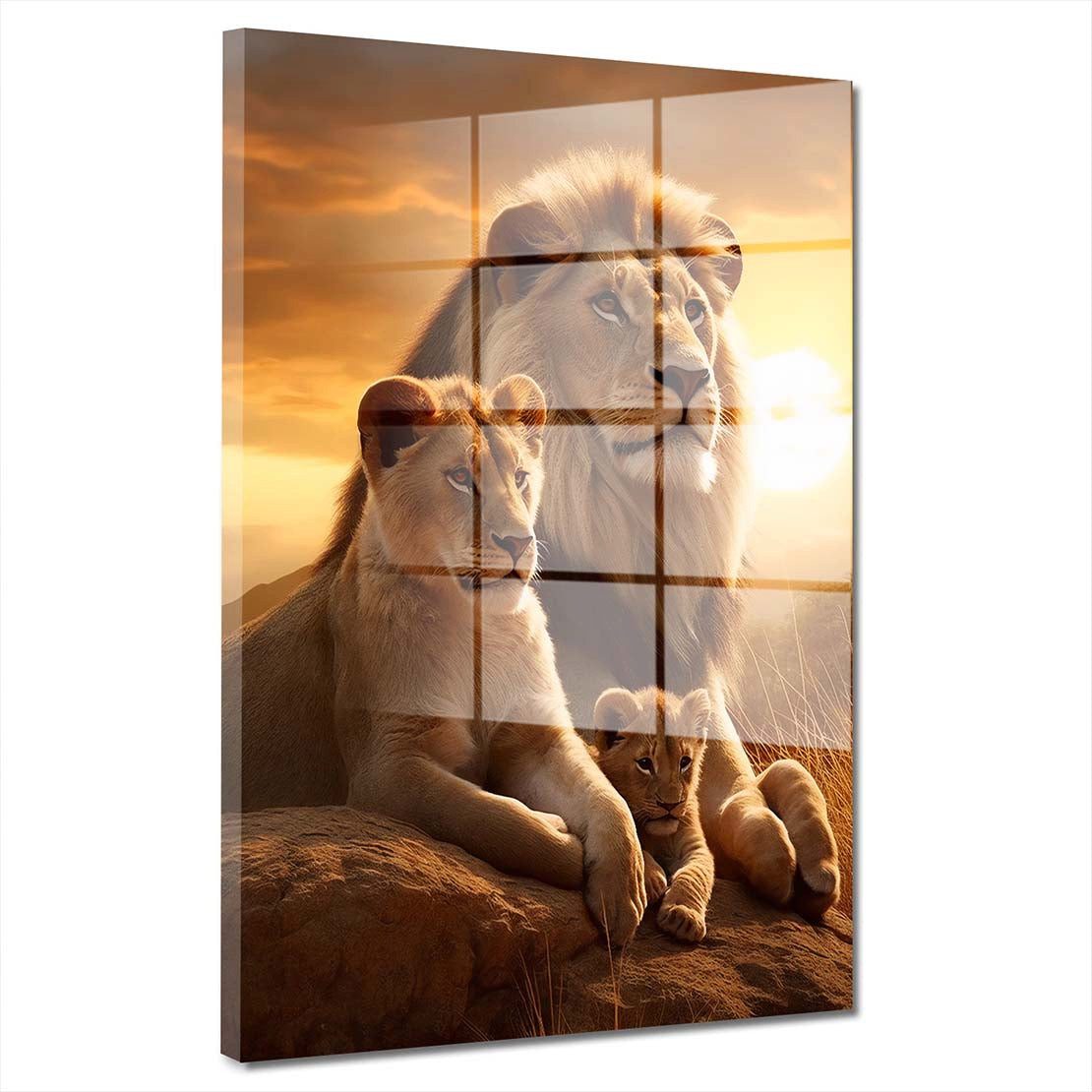 Artedinoi Acrylglasbild Afrika Sonnenuntergang Löwen-Familie Acrylglas Wandbild Bild Wanddeko