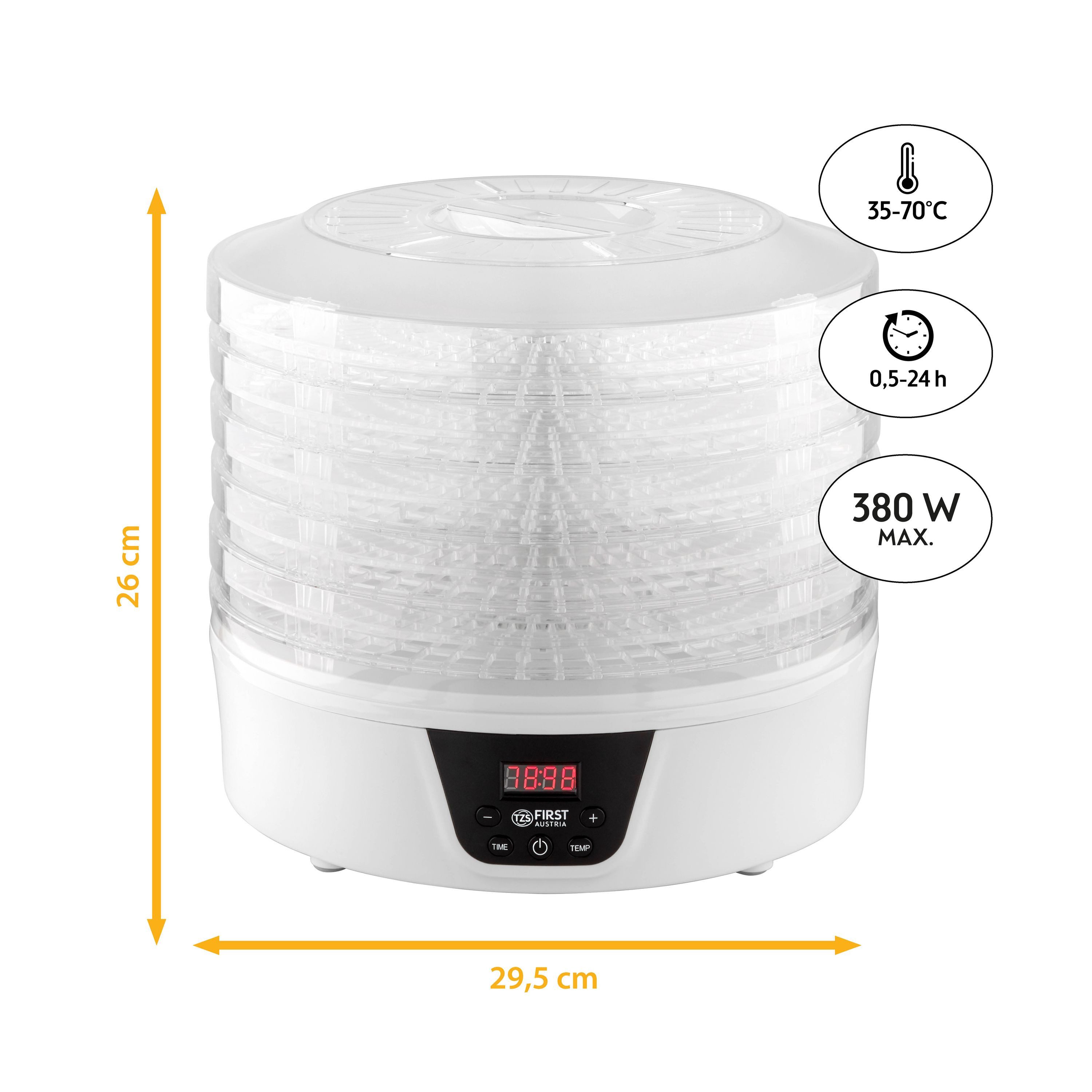 TZS FIRST AUSTRIA Dörrautomat Dörrgerät, digital, Timer und Temperaturregler 35-70°C, 5 Etagen 380 W, Dörrapparat, Einlageböden BPA frei, Dörrapparat mit Zeitschaltuhr