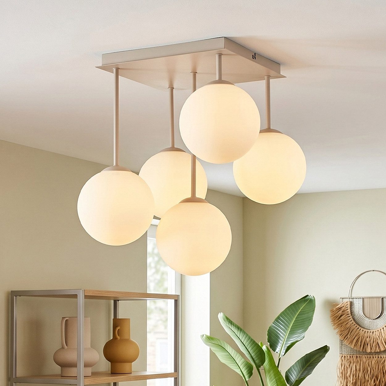 hofstein Deckenleuchte Deckenlampe aus Metall/Milchglas in Sandfarben/Weiß, moderne Deckenleuchte im Retro/Vintage/Boho-Design, 5 x E14