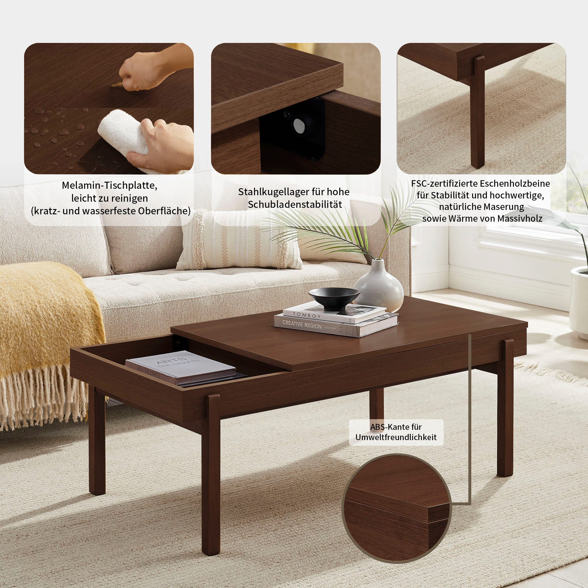 OTTO home Couchtisch Norwin, Melaminoberfläche und robustes Gestell aus Eschenholz