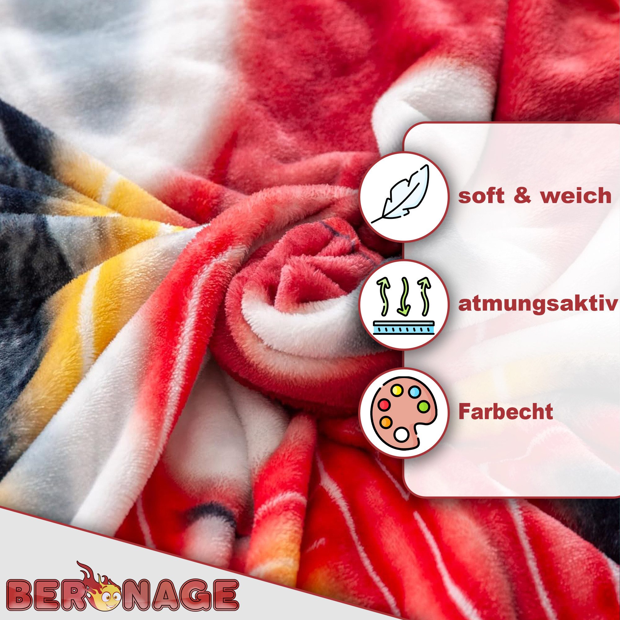 Wohndecke NFL Kansas City Chiefs Decke 150x200cm Wellsoft Kuscheldecke Wohndecke, BERONAGE, passend zur Bettwäsche, ideal für Sofa, Couch, Bett, Auto, Camping