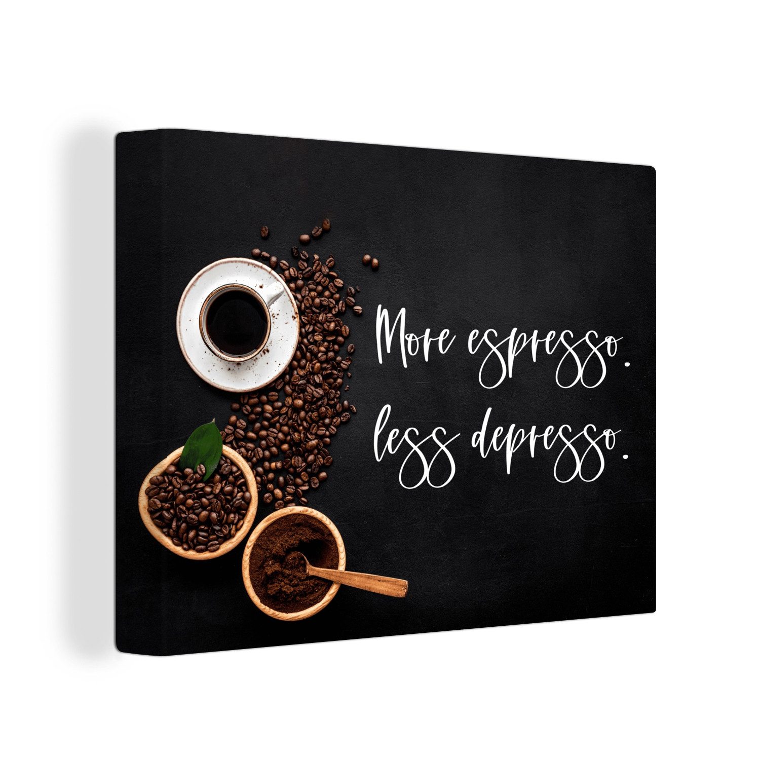 OneMillionCanvasses® Leinwandbild Kaffee - Mehr Espresso weniger Depresso - Zitate - Sprichwörter, Fotodruck (1 St), Wandbild Leinwandbilder, Aufhängefertig, Wanddeko 40x30 cm