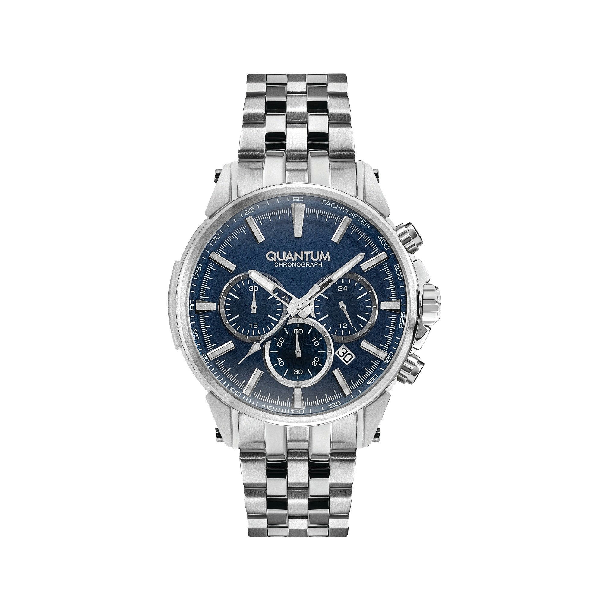 QUANTUM Chronograph Herrenuhr Edelstahl, 45 mm, Herren Armbanduhr, 10 ATM wasserdicht dunkelblaues Zifferblatt, silber – PWG882.390, (1-tlg), Datum, Mineralglas, inkl. Geschenkbox