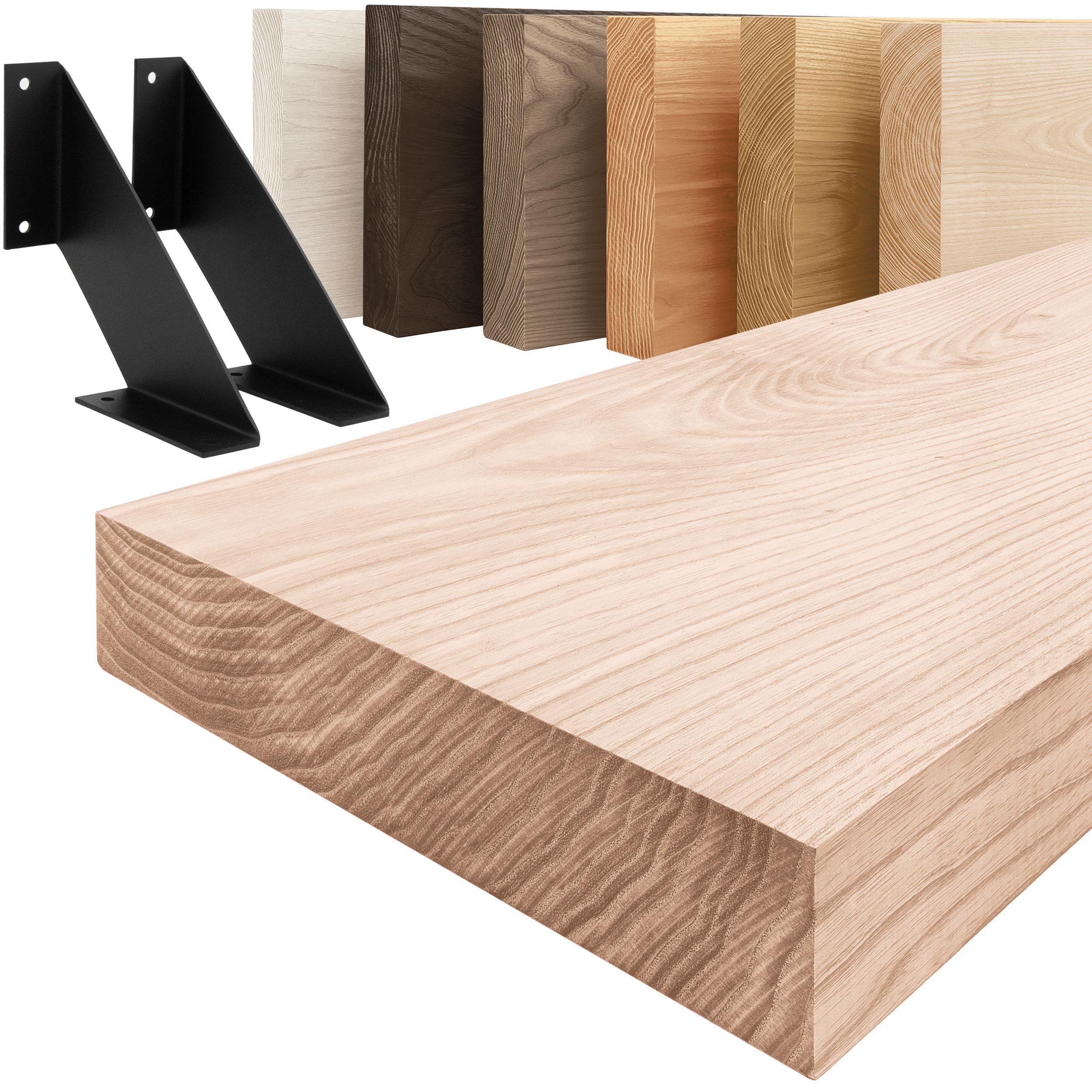 LAMO Manufaktur Wandregal Holz Gerade Regal Farbe: Roh mit schwarzem Vintage Regalträger 160 cm, Komplett-Set, 40mm stake Massivholzplatte