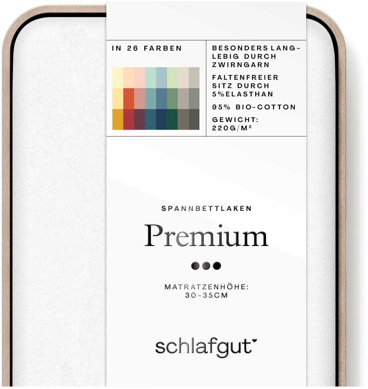 Schlafgut Spannbettlaken PREMIUM Mako-Zwirn-Jersey, 220 g/m², 95% Bio-Baumwolle, 5% Elasthan, Mako-Zwirn-Jersey, Gummizug: rundum, (1 Stück), Bettlaken bis 30 cm Höhe, PREMIUM-Qualität langlebig, perfekter Sitz