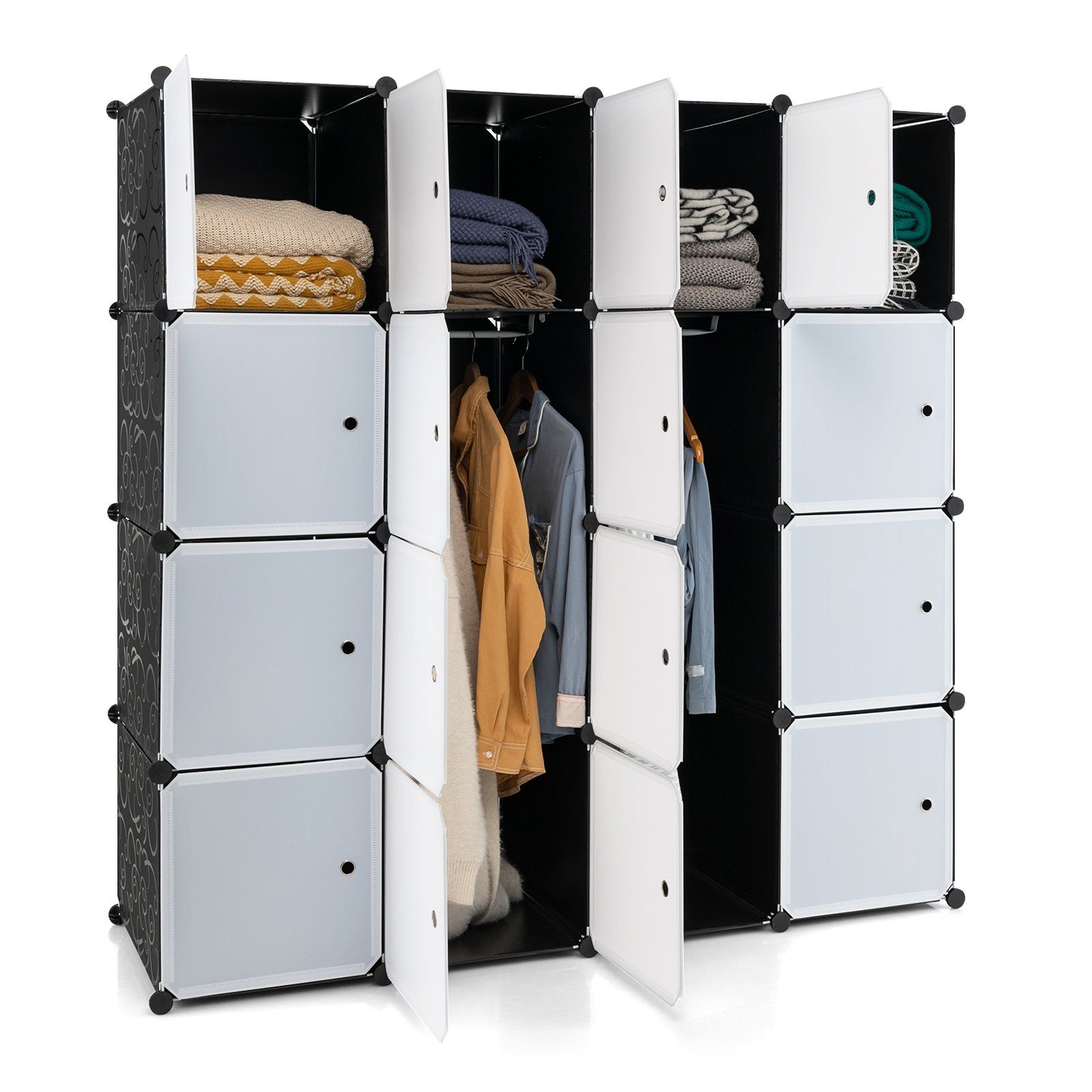 COSTWAY Kleiderschrank Regalsystem DIY, 16 Würfeln & 2 Hängestange, 146x146cm