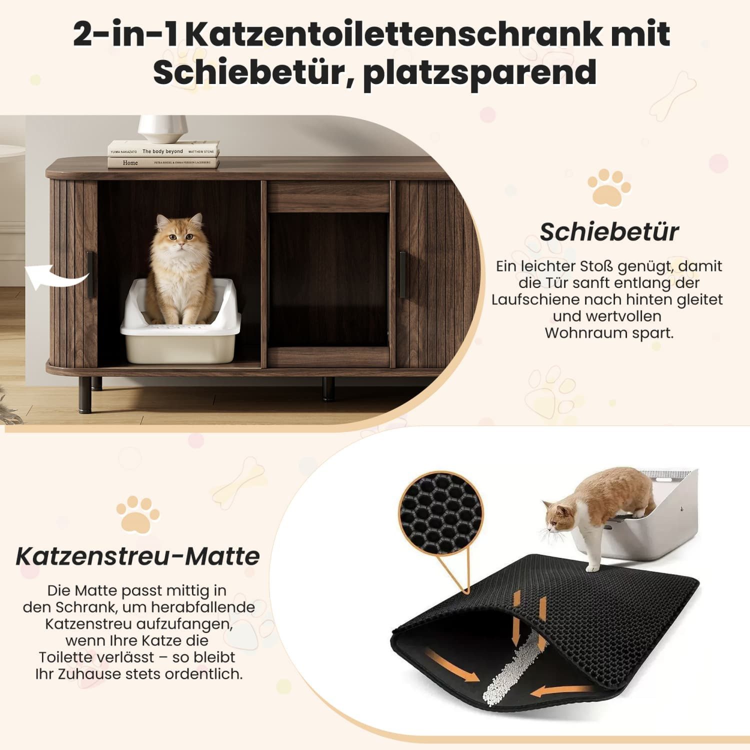 ANYSUN Tierhaus 2-in-1 Katzentoilettenschrank mit 2 Schiebetüren,2 Katzentoiletten, Sideboard mit 2 Fächer,Streuauffangmatte,Nussbaum,140×50×60cm
