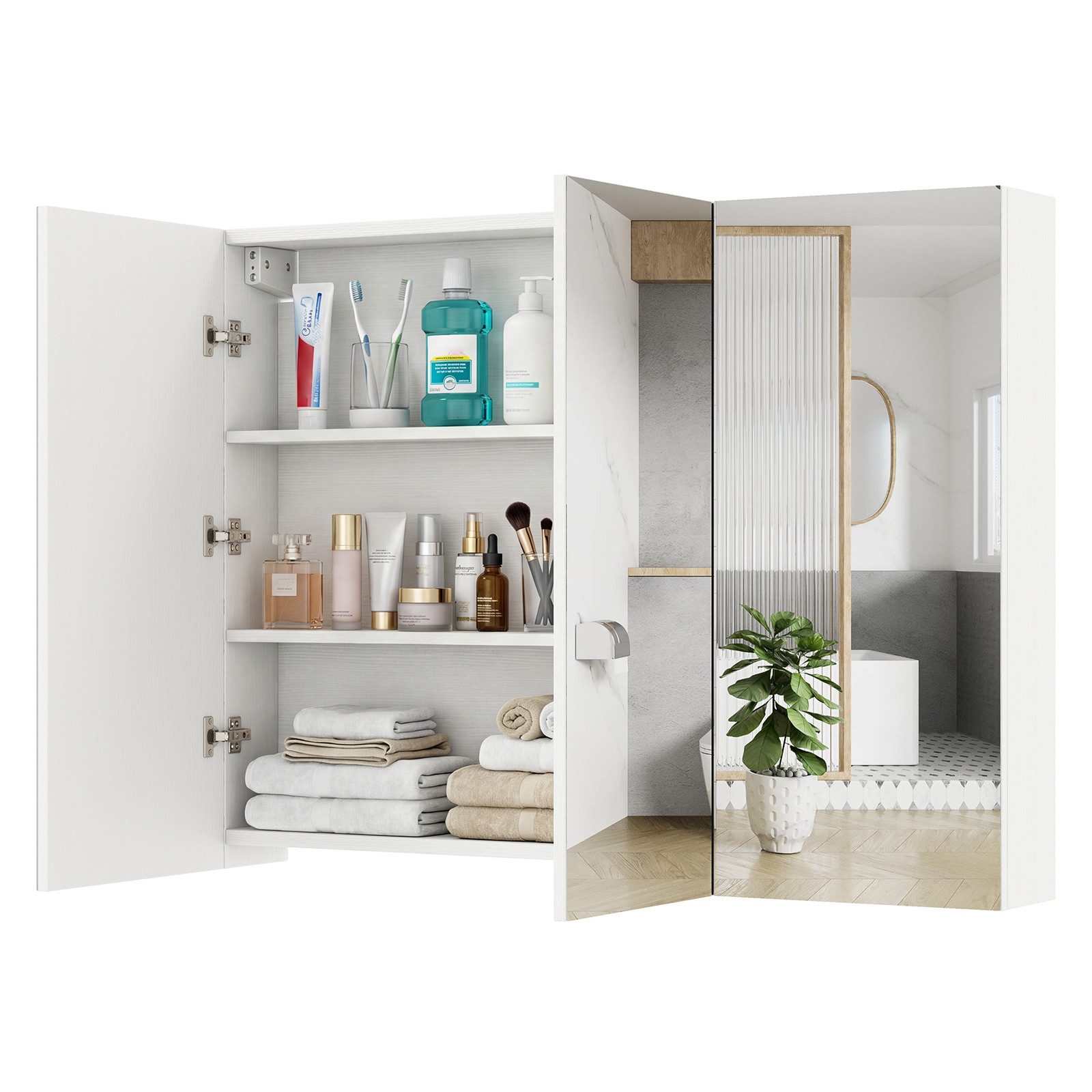 KOMFOTTEU Spiegelschrank Hängeschrank Wandschrank mit 3 Spiegeltüren, 6 Fächern